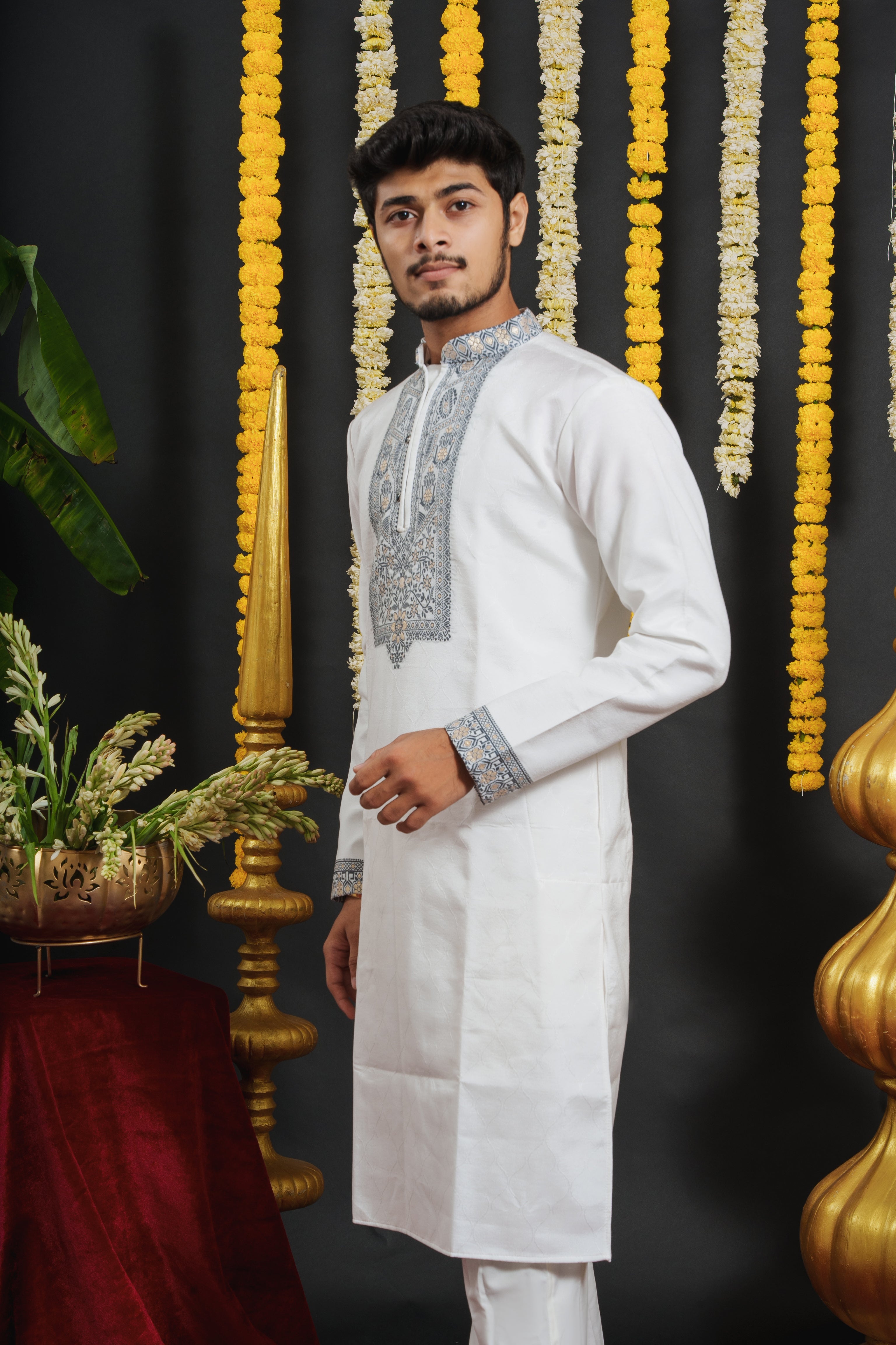 White Monogram Blue Floral Neck Jacquard Designer Kurta