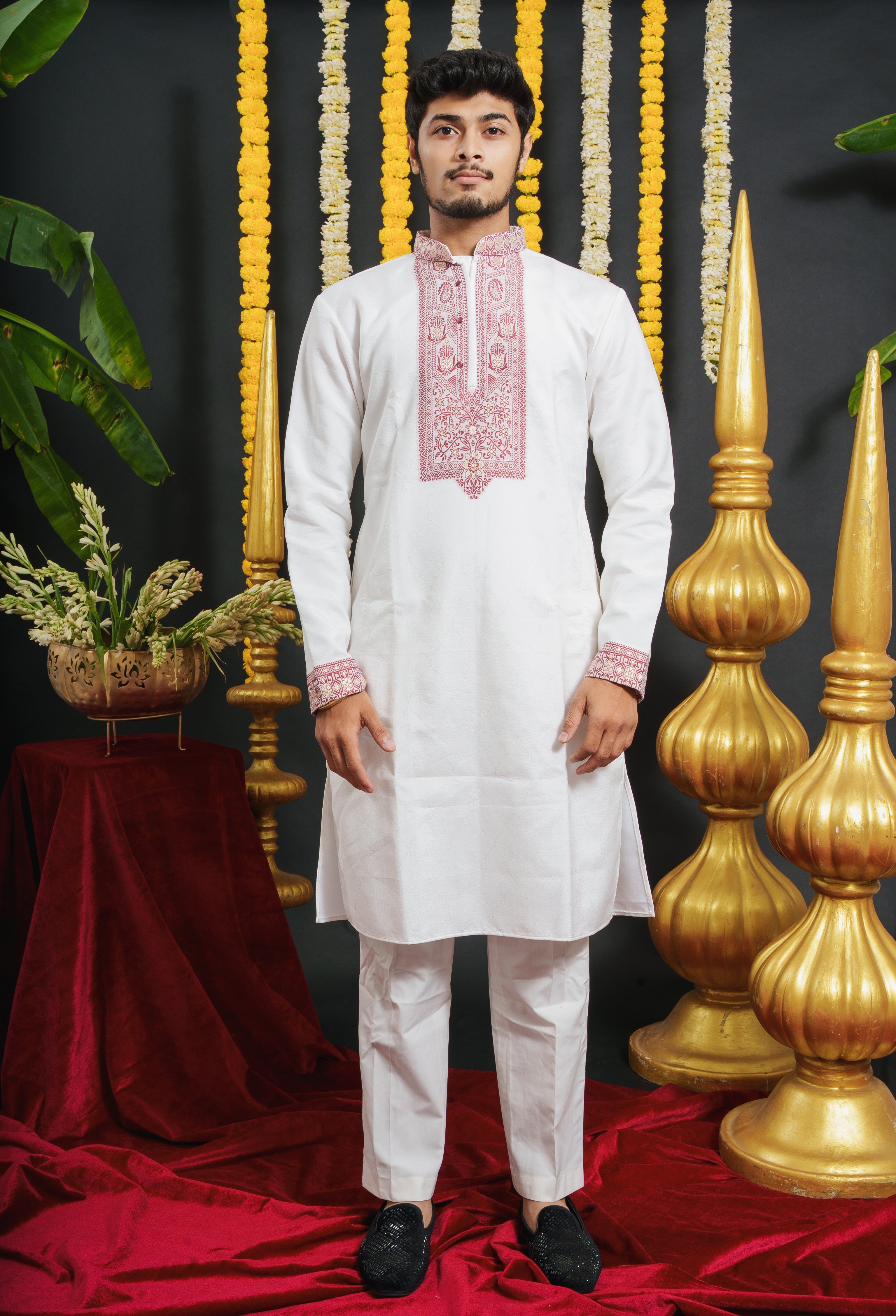White Monogram Red Floral Neck Jacquard Designer Kurta