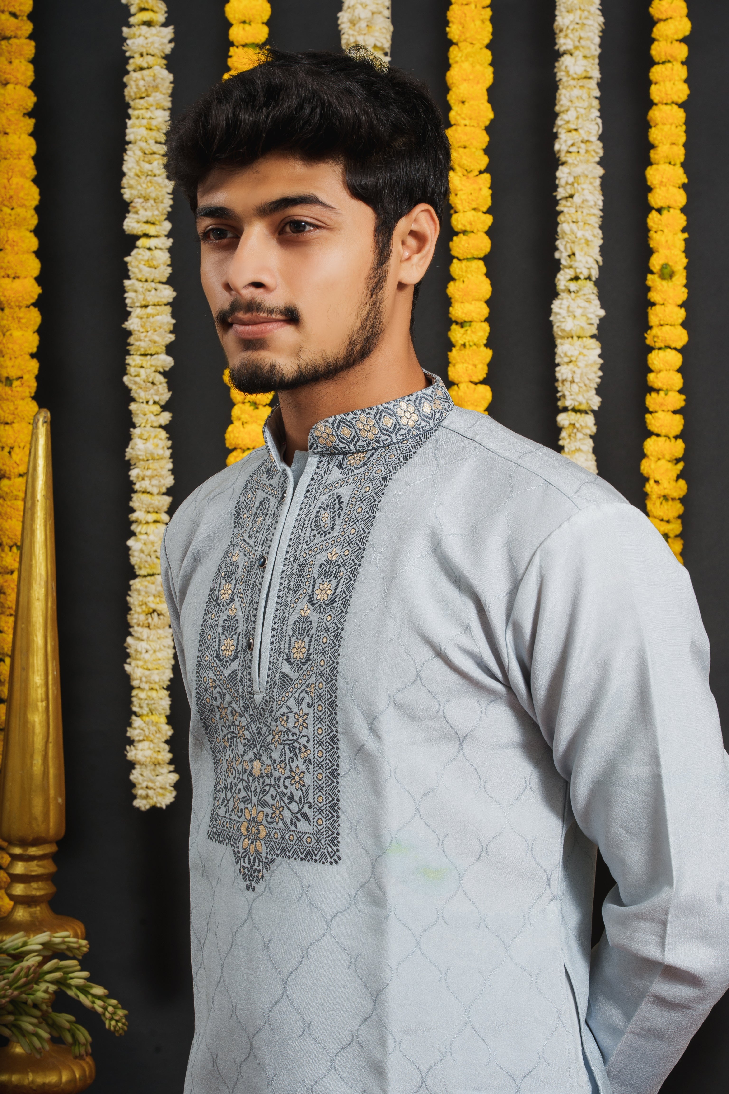 Sky Blue Monogram Blue Floral Neck Jacquard Designer Kurta