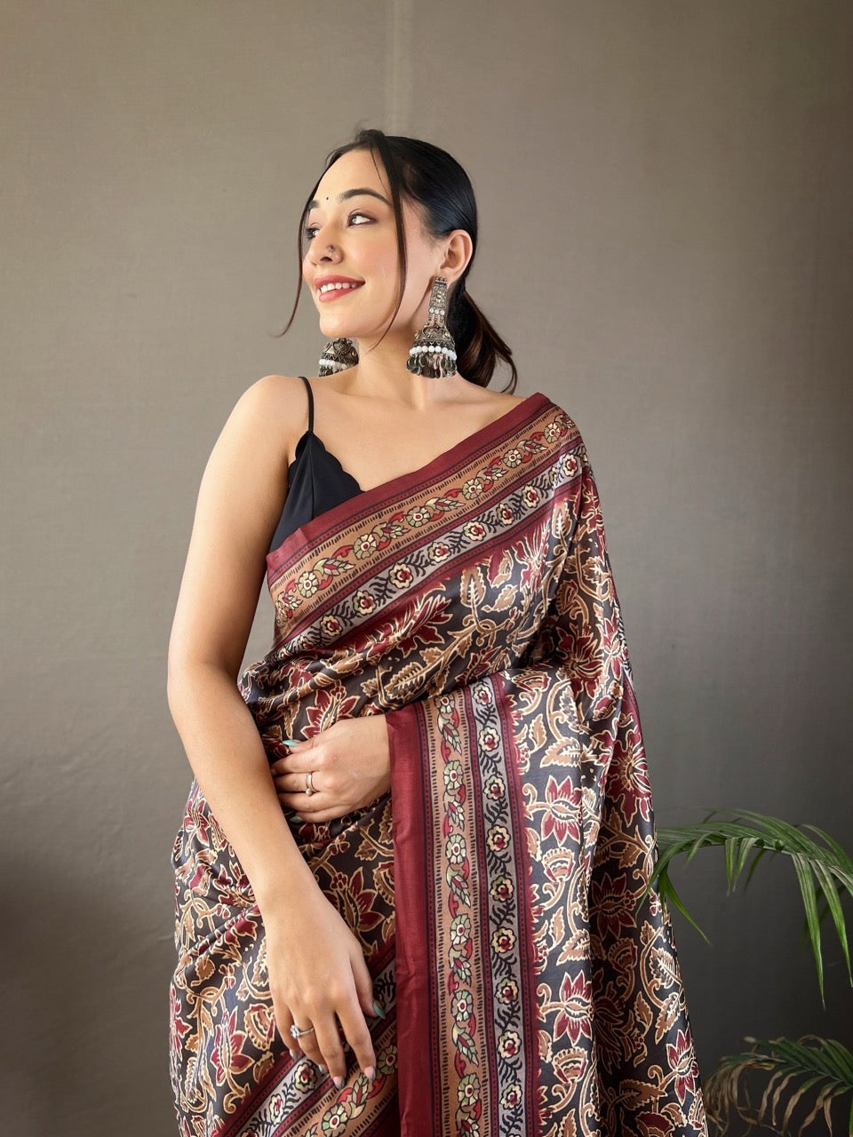 Black Krishna Ajrakh printed saree
