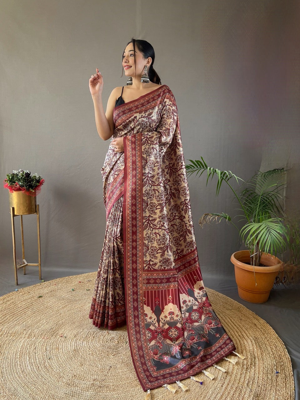 Krishna Cream Ajrakh printed saree
