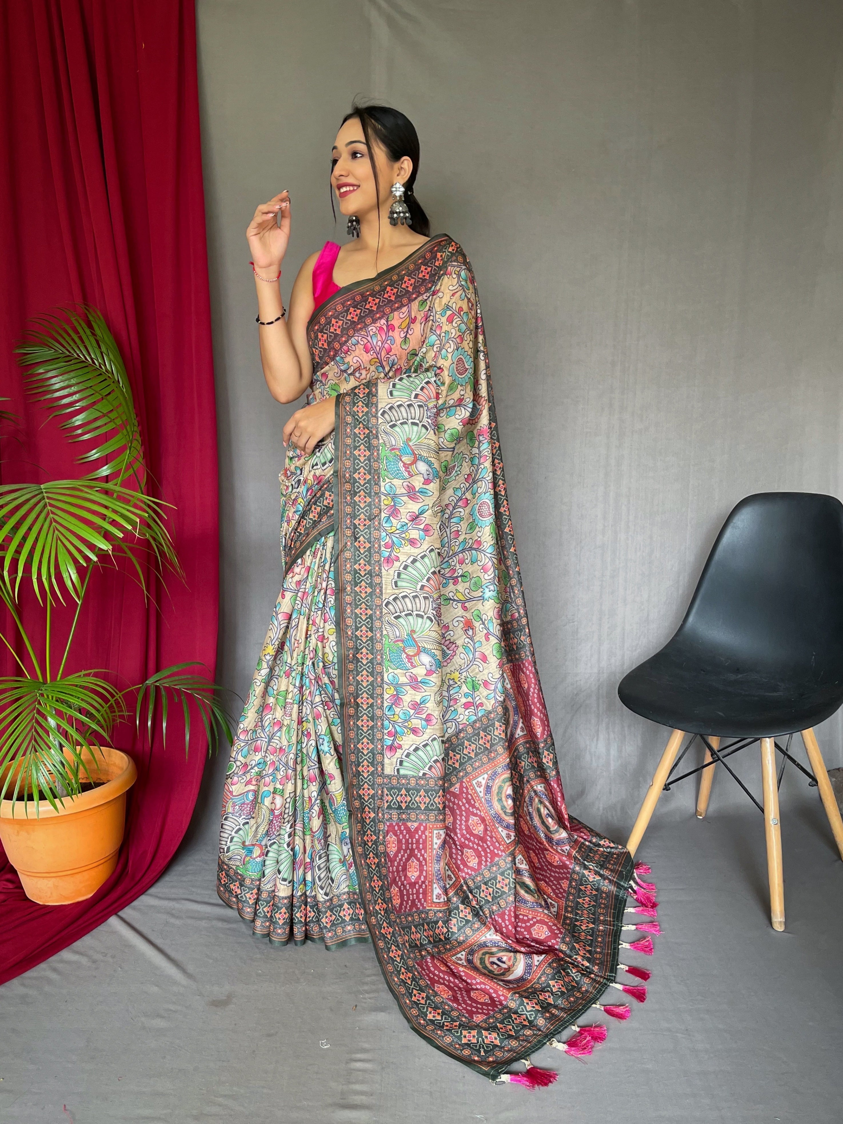 Pure Cotton Bandhani Kalamkari Printed Saree Cream