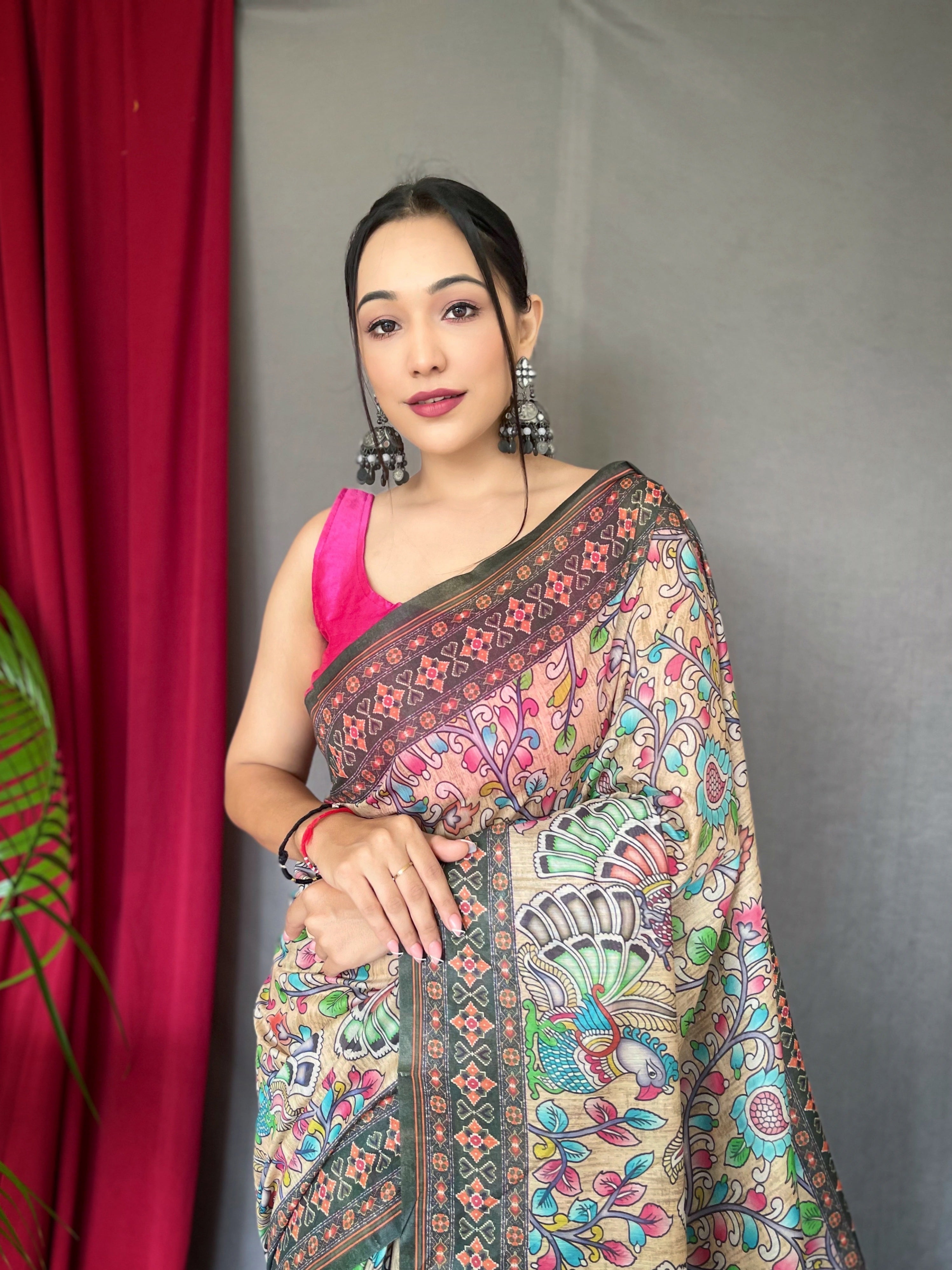 Pure Cotton Bandhani Kalamkari Printed Saree Cream