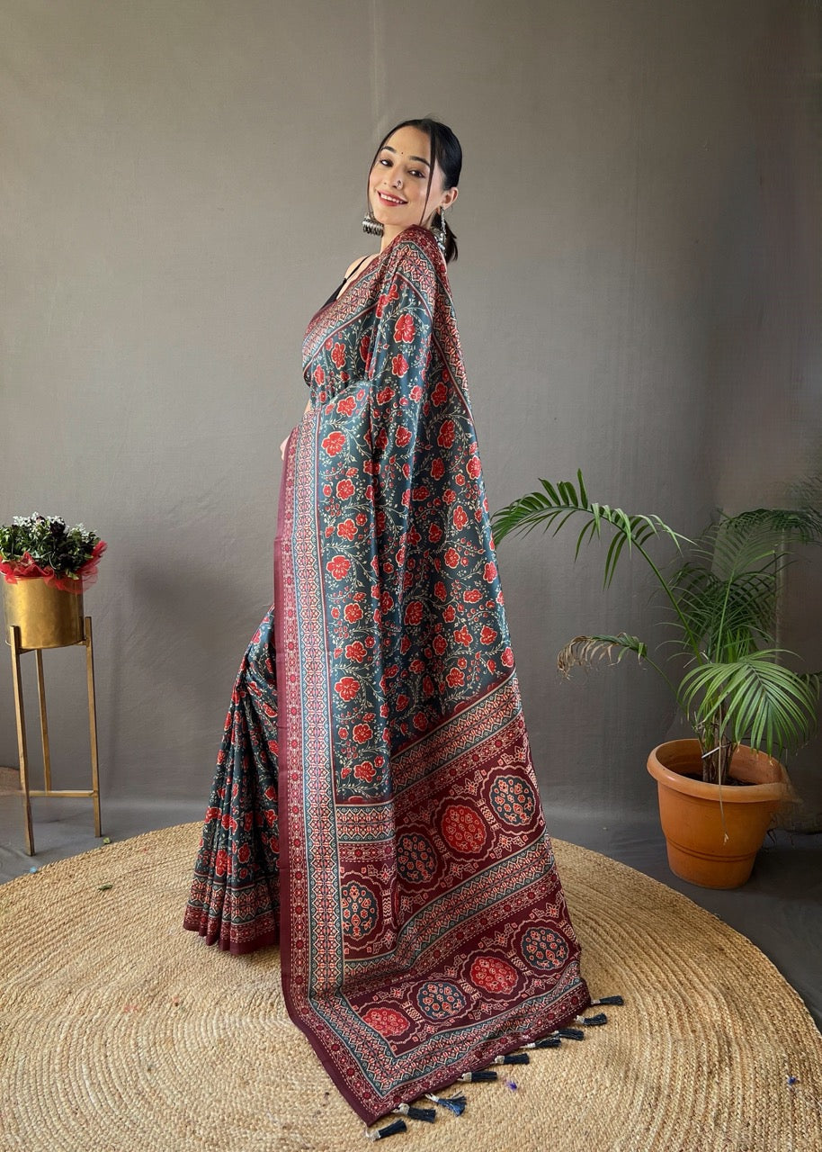 Denim Blue Ajrakh printed saree