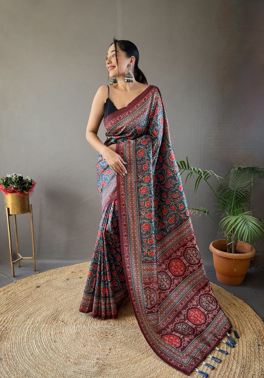 Denim Blue Ajrakh printed saree