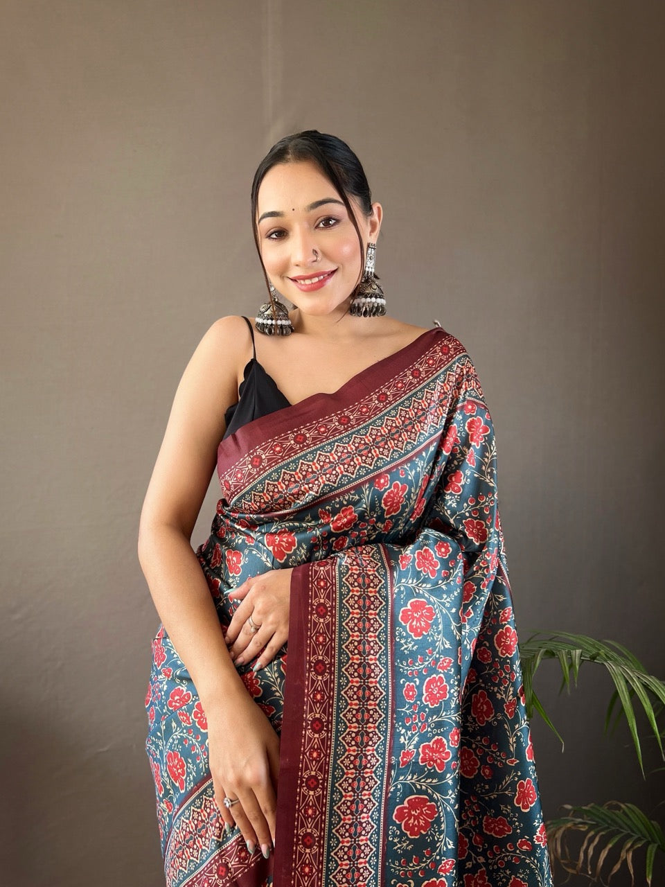 Denim Blue Ajrakh printed saree