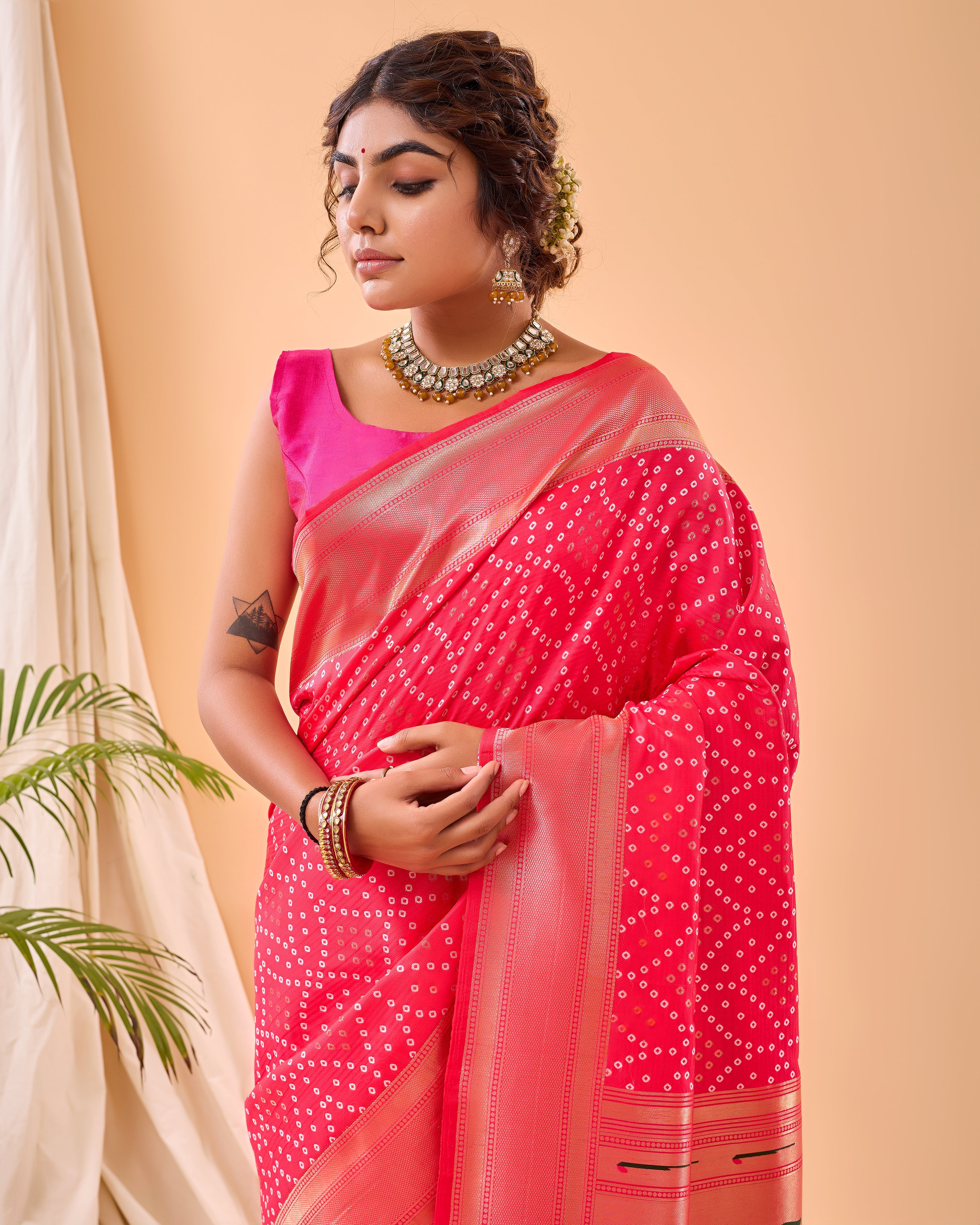 Rani Pink Woven printed saree