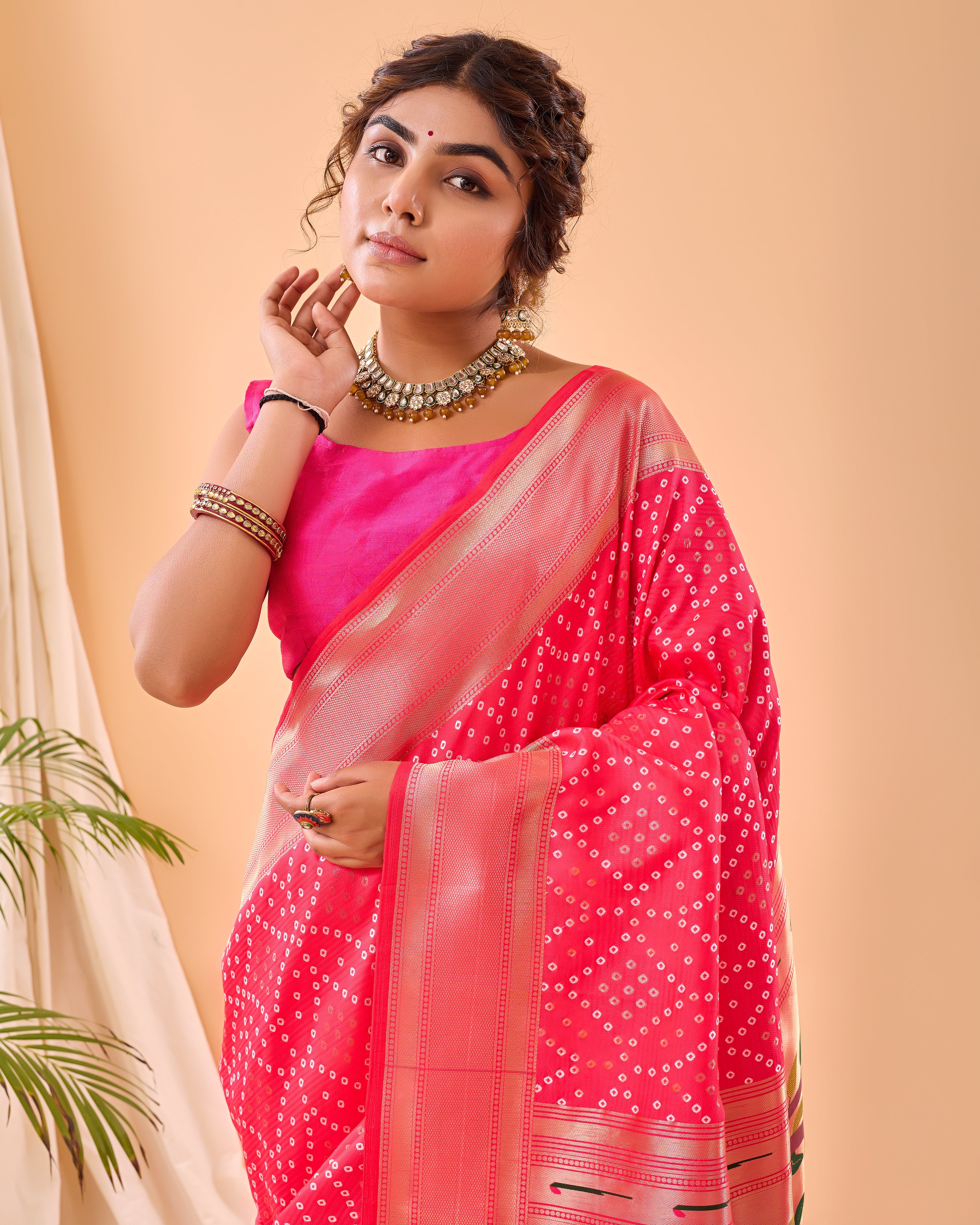 Rani Pink Woven printed saree