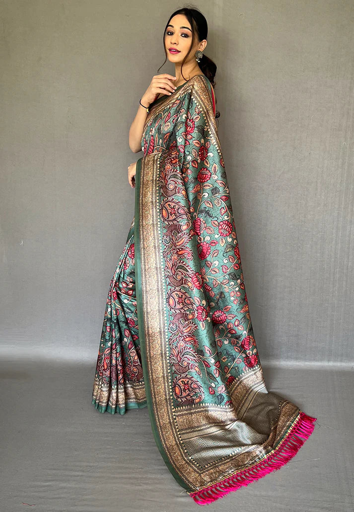 Teal Blue Diva Soft Silk Kalamkari Printed Saree