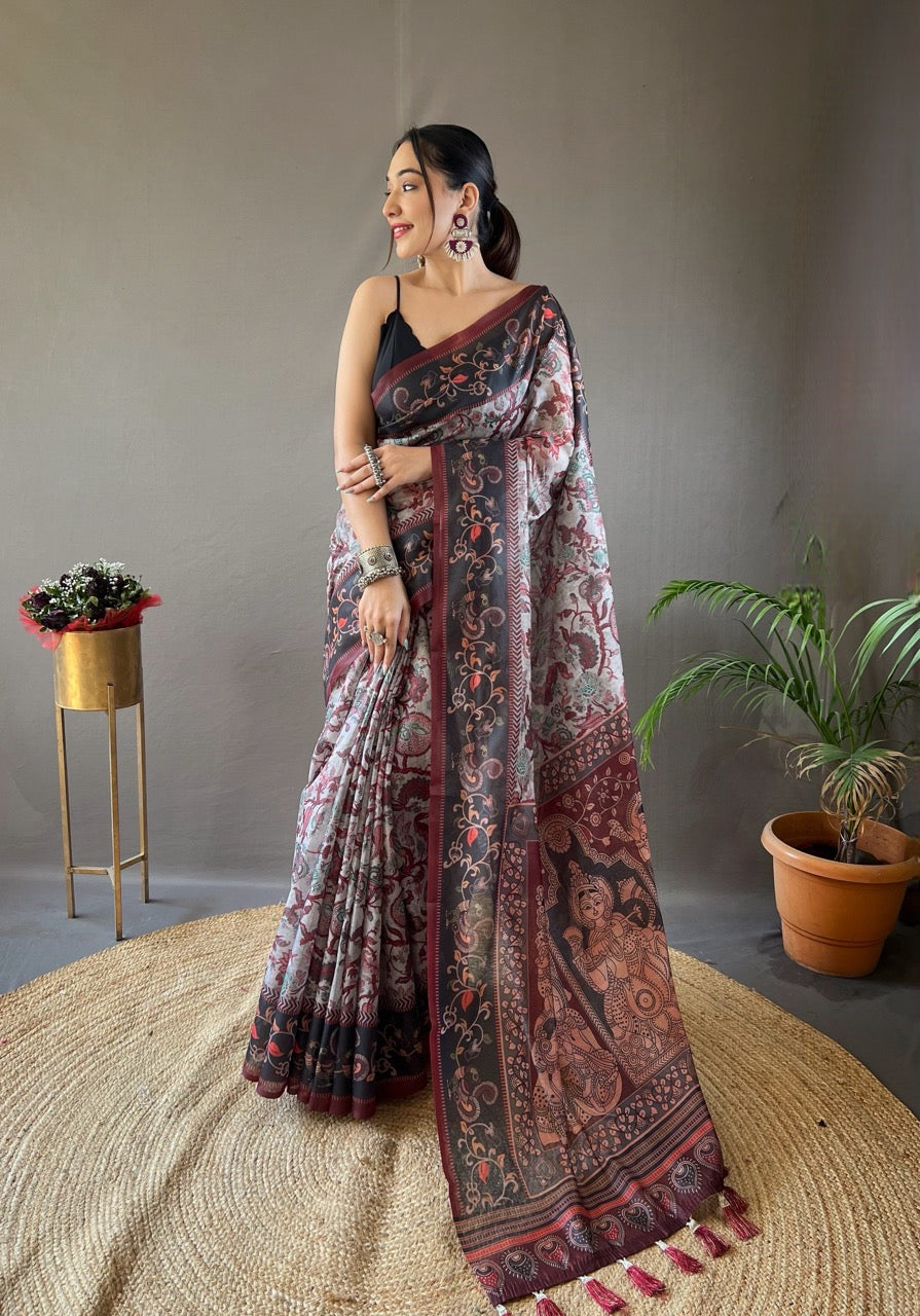 Ash Grey & Maroon Kalamkari printed Saree