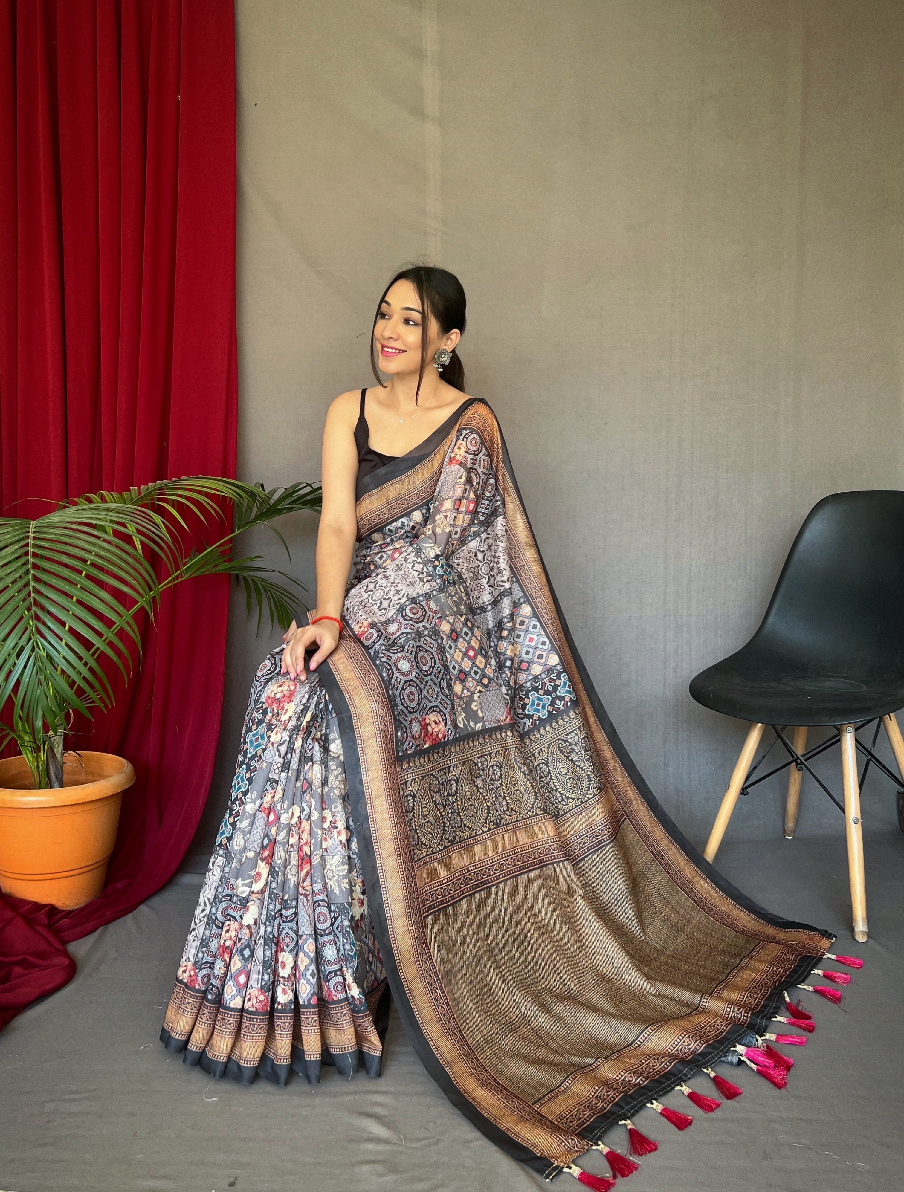 Grey Ajrakh Carpet Silk Cotton Printed Saree