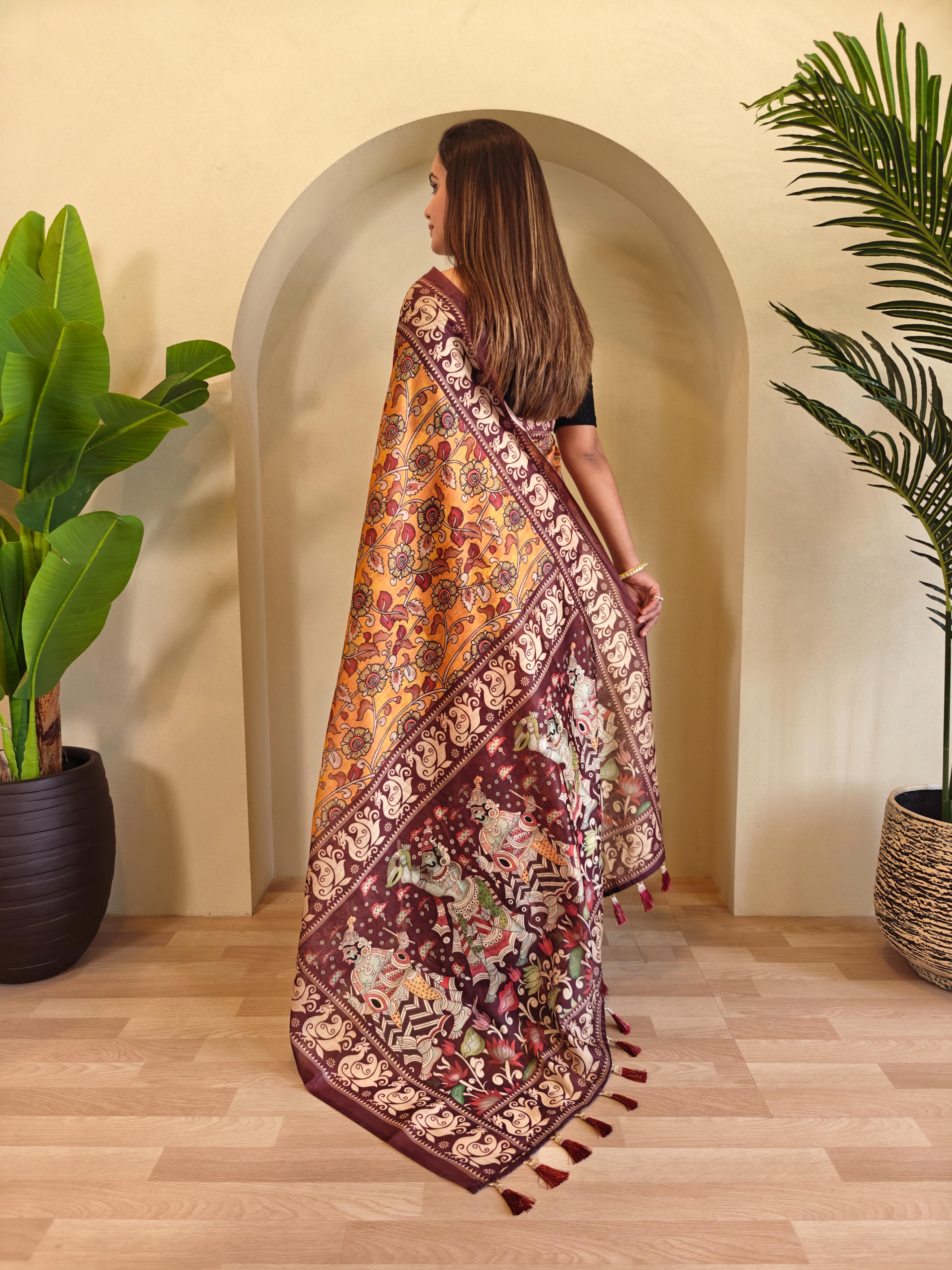 Yellow Chanderi Cotton Kalamkari Printed Saree - Madhu