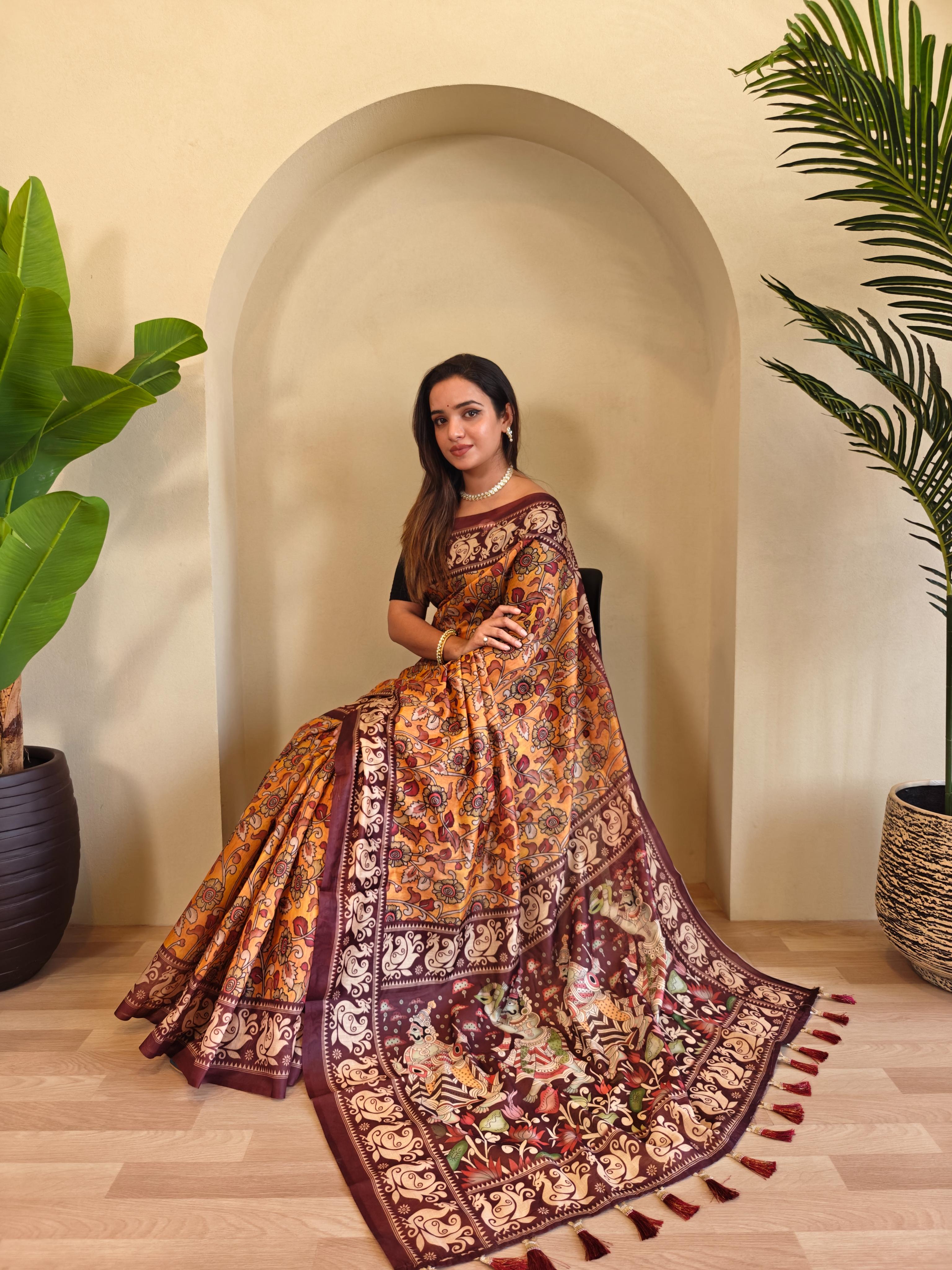 Yellow Chanderi Cotton Kalamkari Printed Saree - Madhu