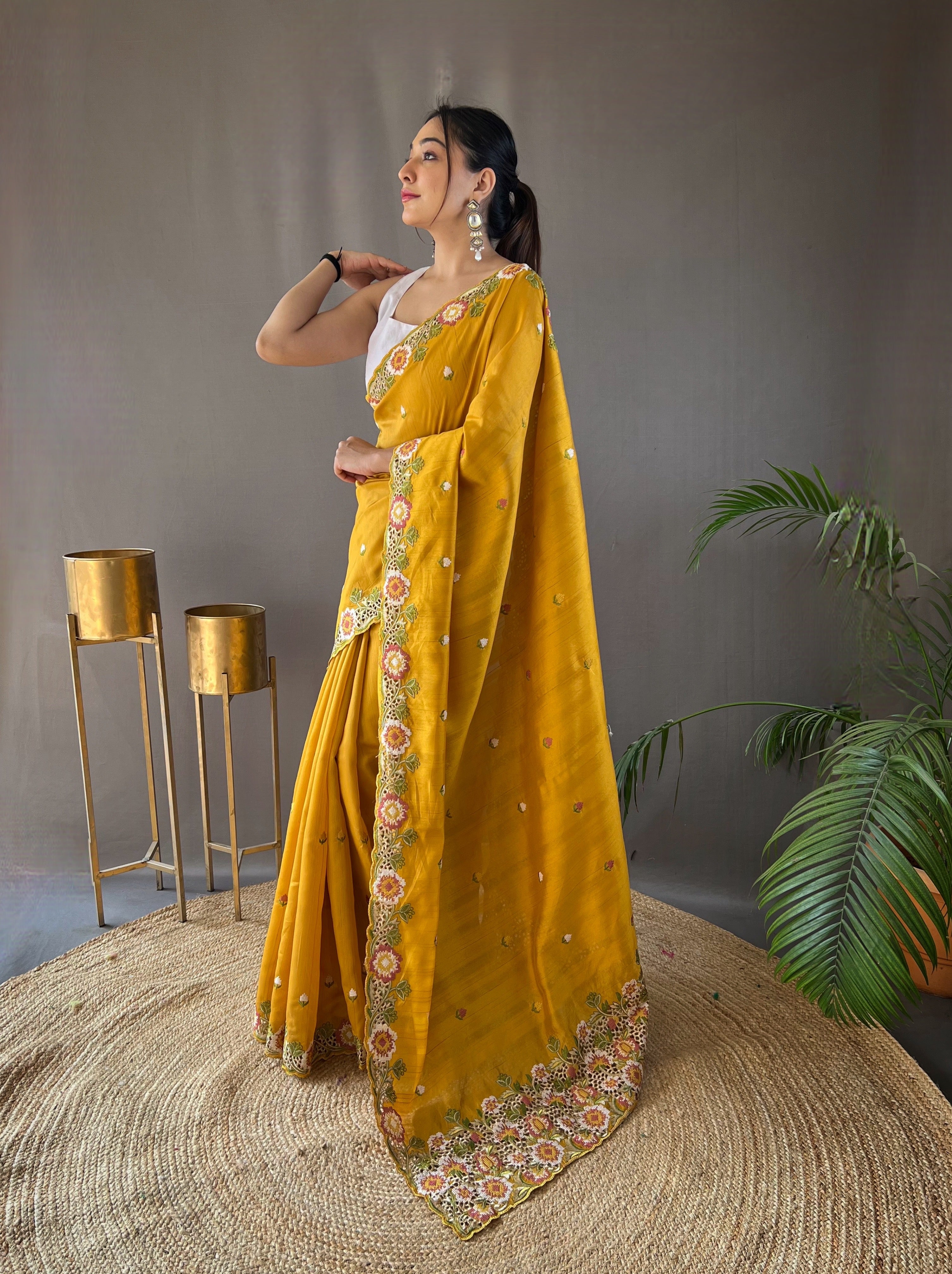 Yellow Narmada Tussar Silk Embroidered Saree