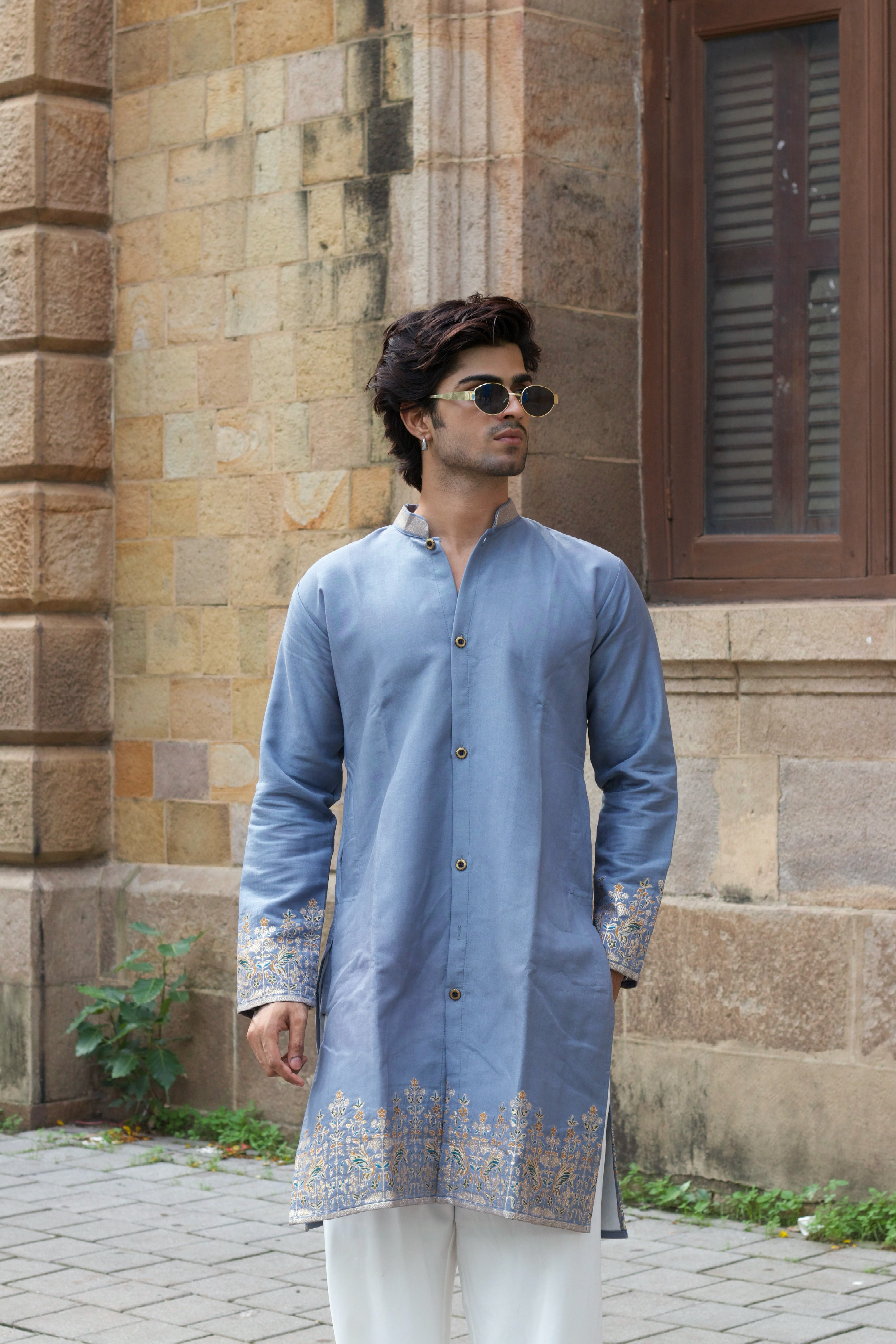 SMOKY GREY BIRD PATTERN JACQUARD DESIGNER INDO-KURTA