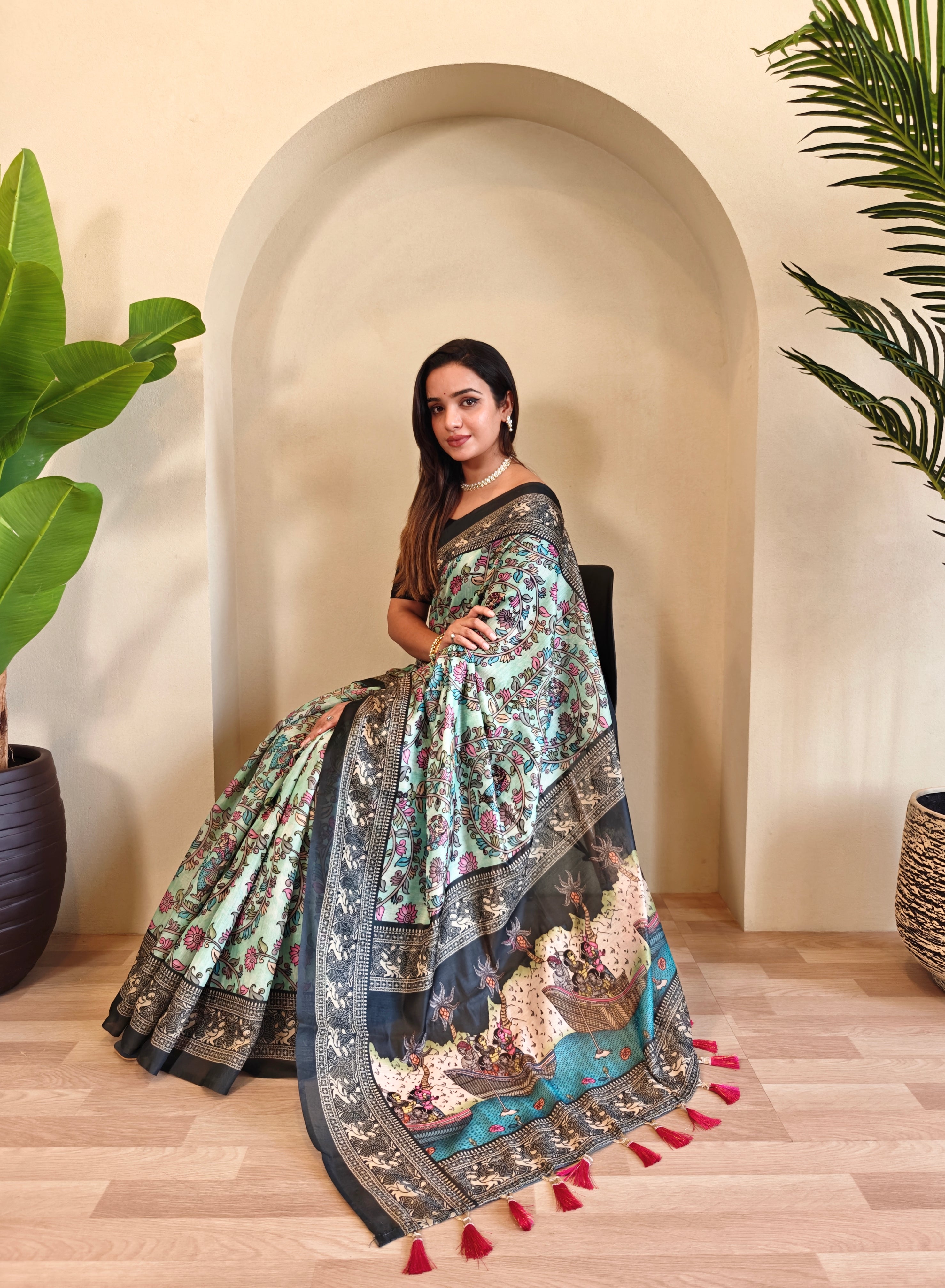 Pista Chanderi Cotton Kalamkari Printed Saree - Madhu