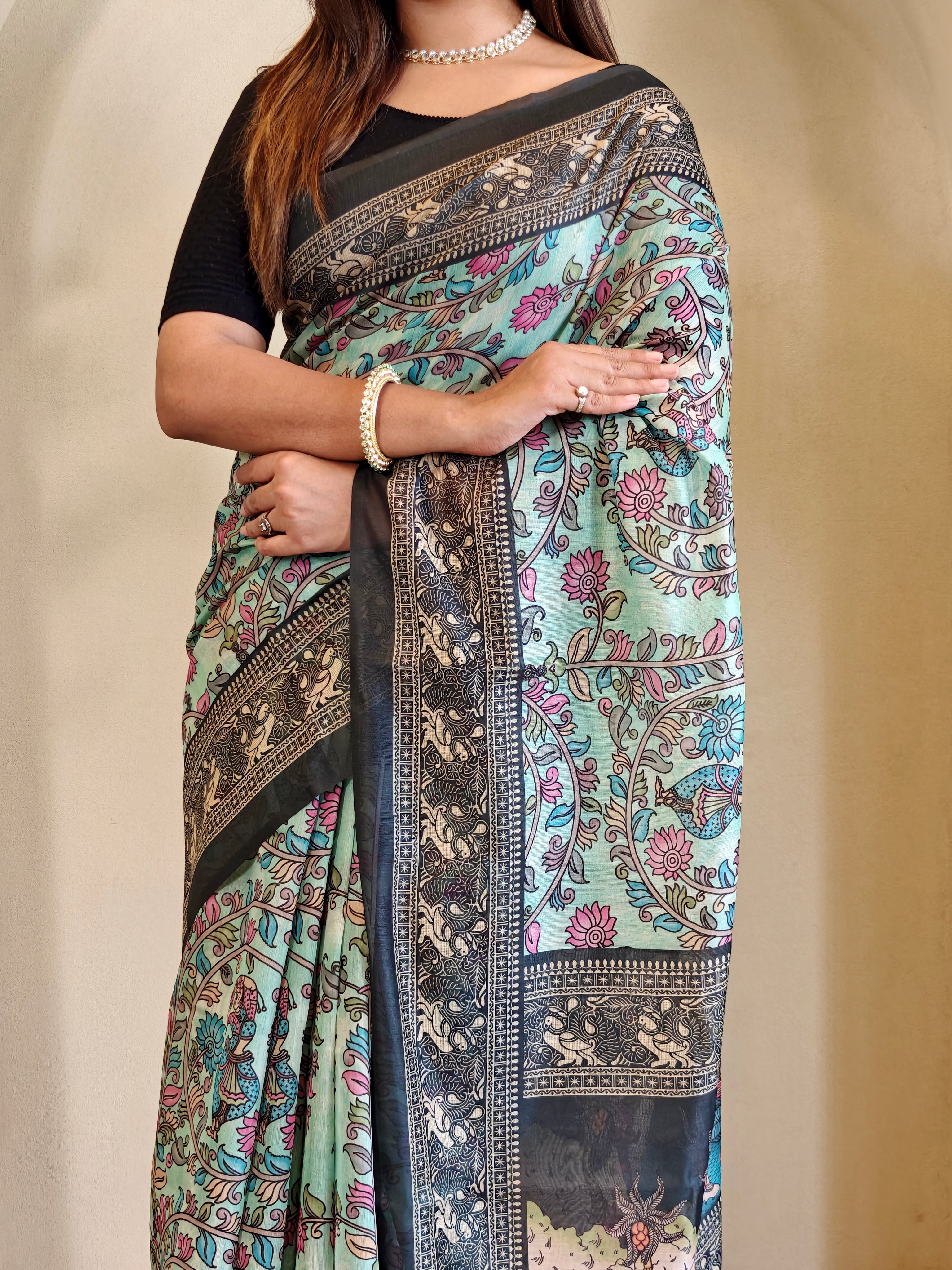 Pista Chanderi Cotton Kalamkari Printed Saree - Madhu