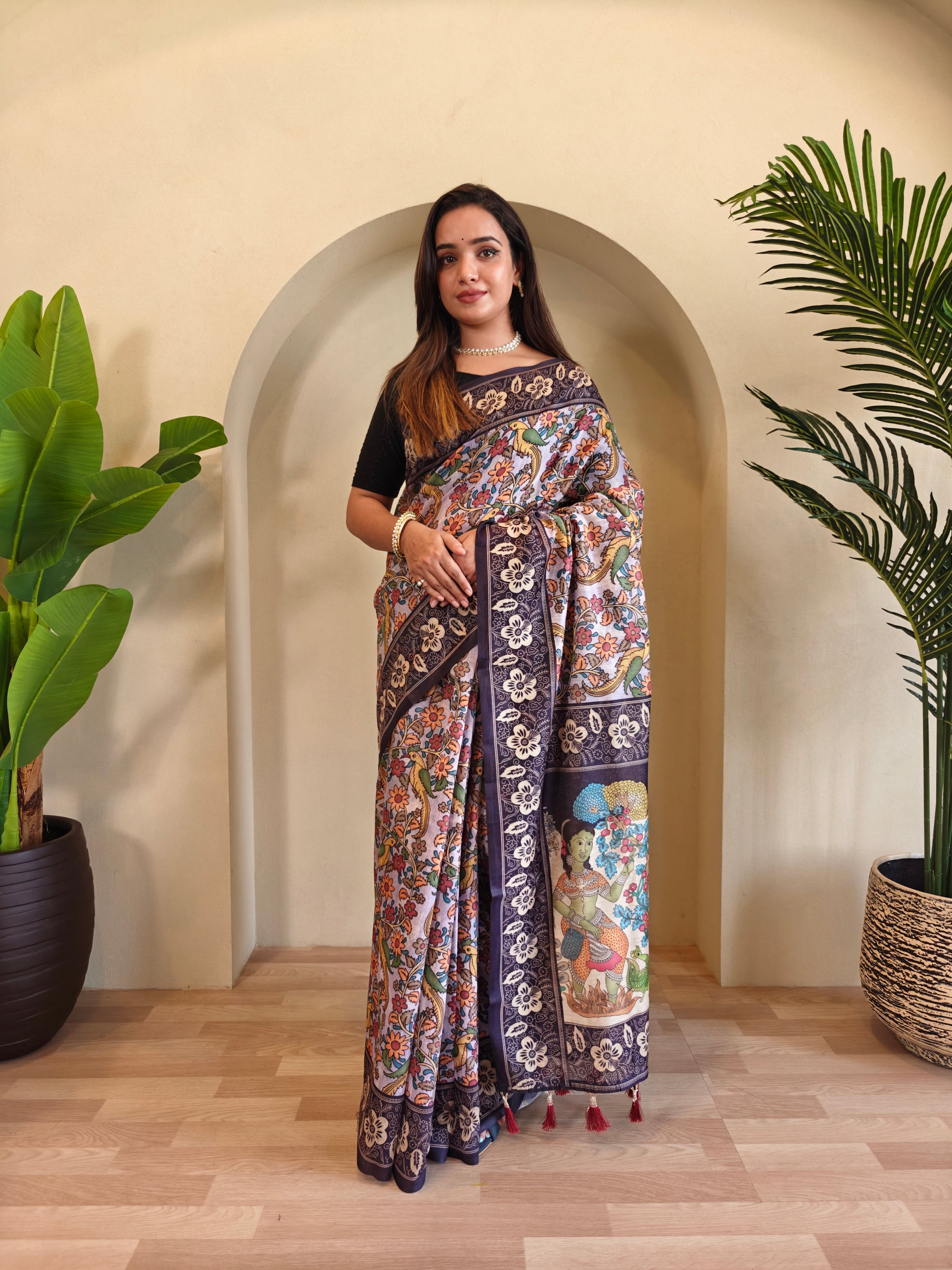 Lavender Chanderi Cotton Kalamkari Printed Saree - Madhu