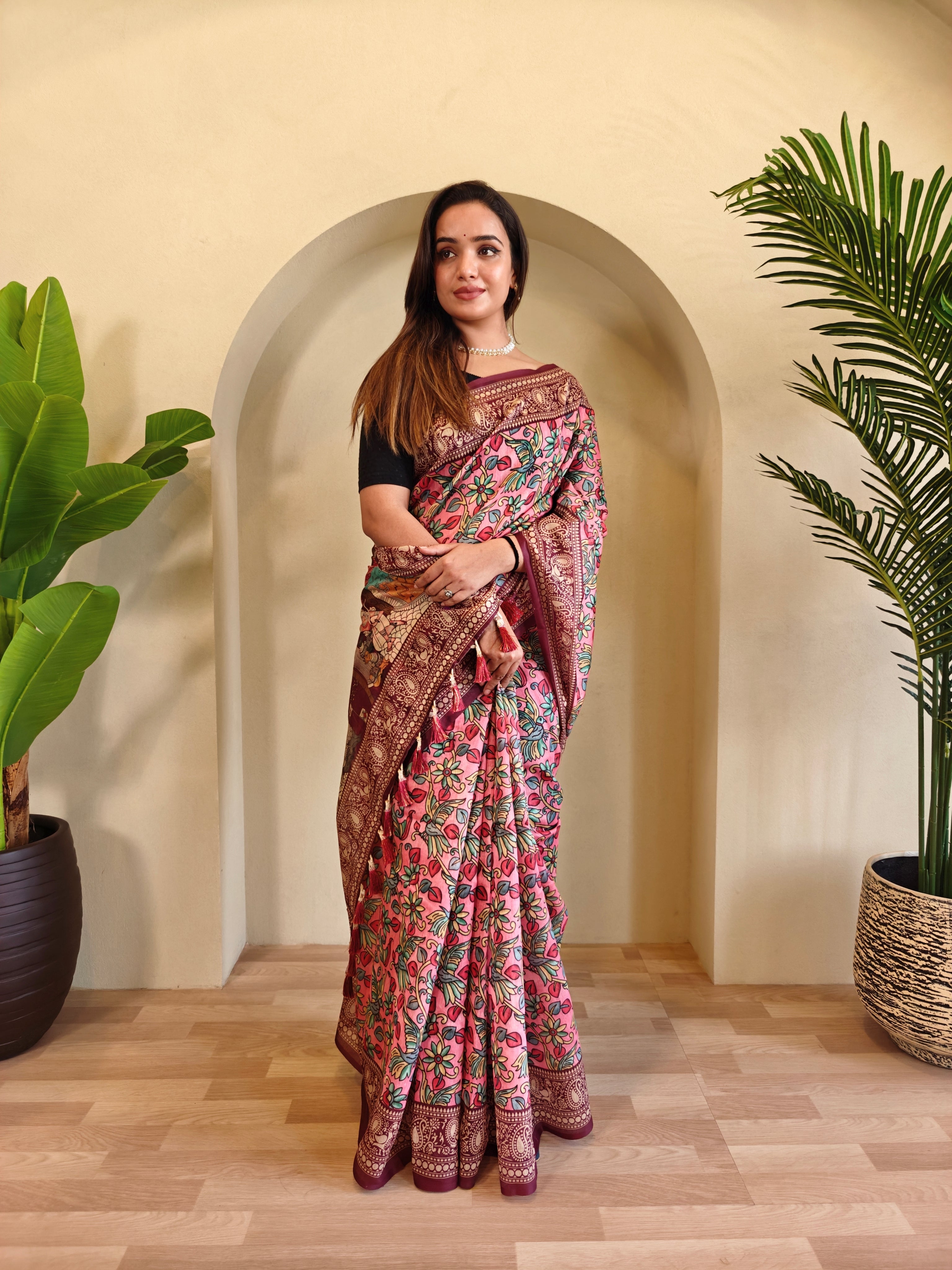 Pink Chanderi Cotton Kalamkari Printed Saree - Madhu