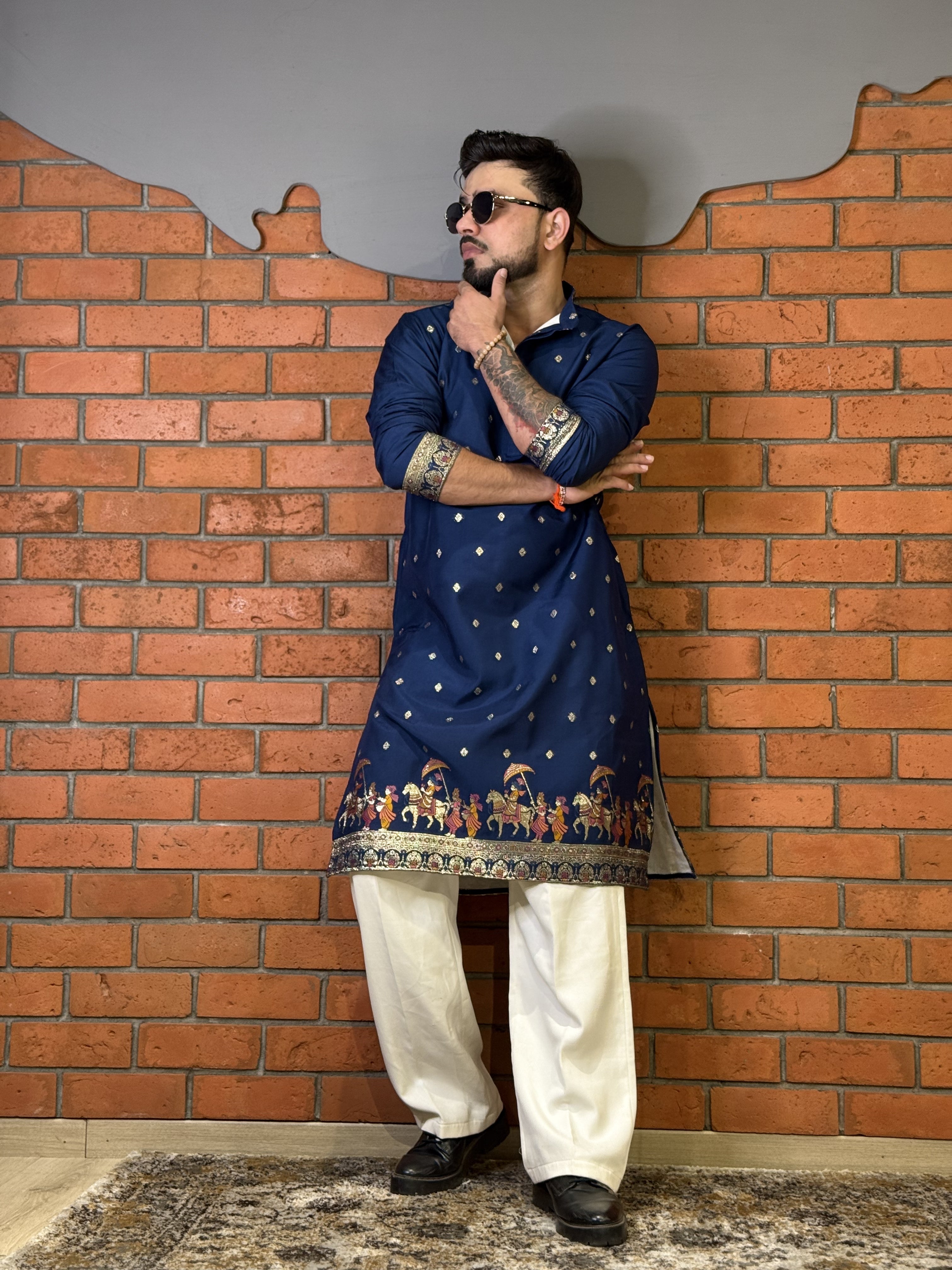 NAVY BLUE MAHARAJ JACQUARD DESIGNER KURTA