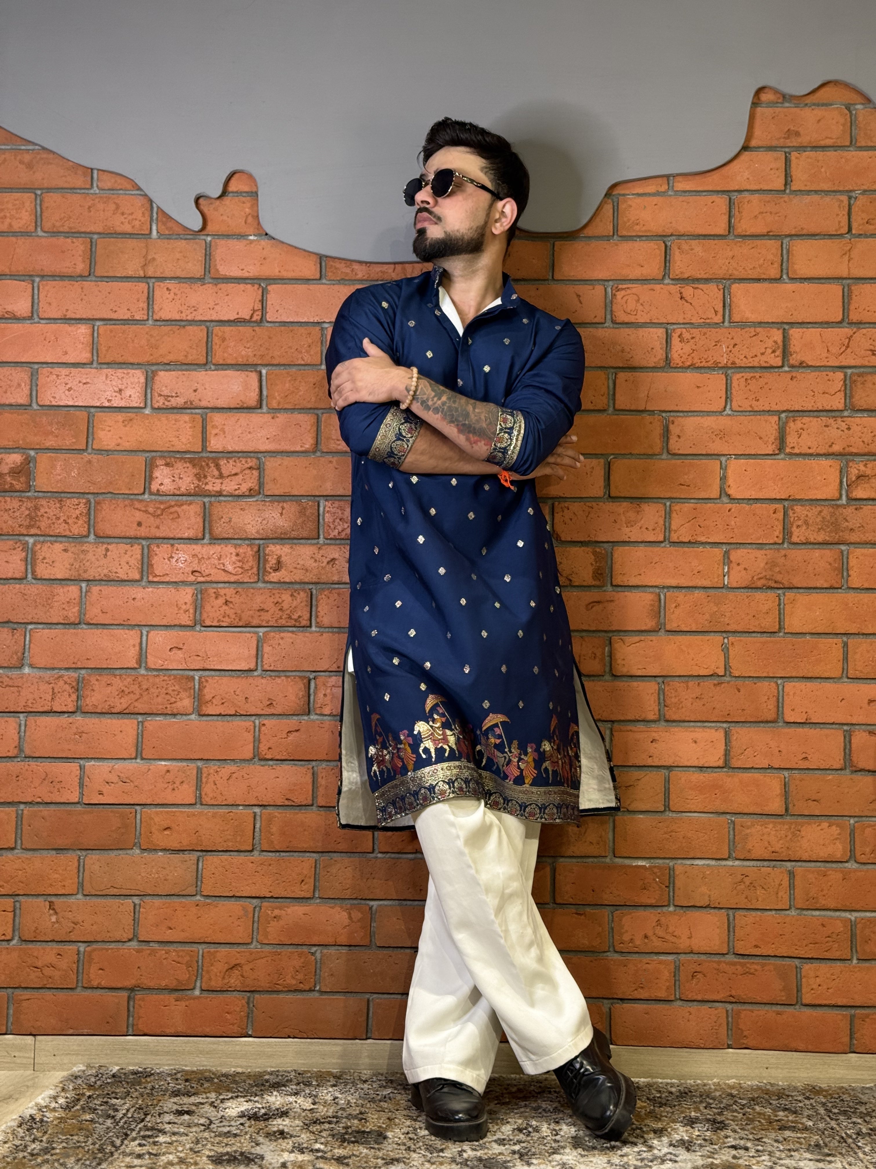 NAVY BLUE MAHARAJ JACQUARD DESIGNER KURTA