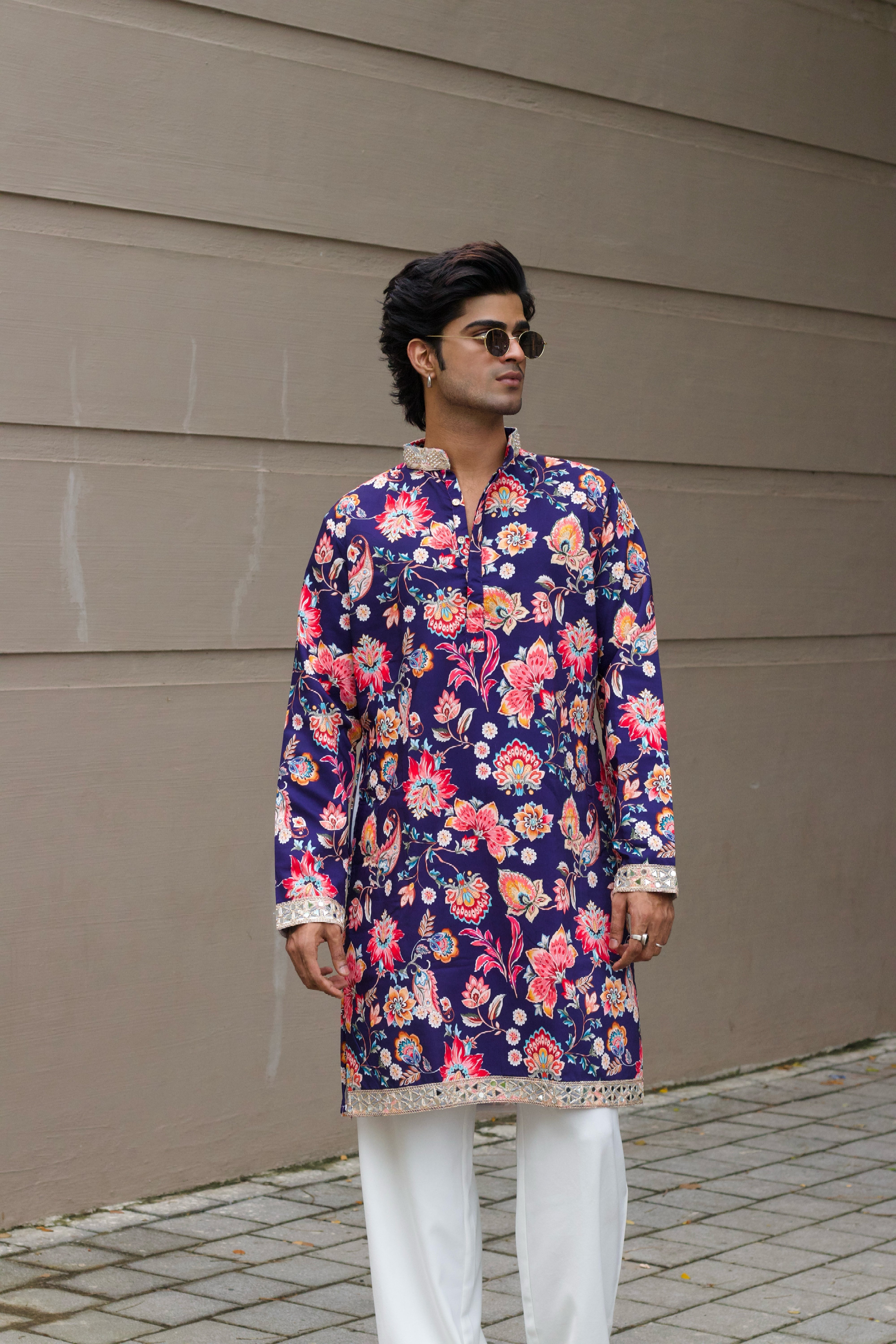 DARK BLUE FLORAL PRINTED KURTA