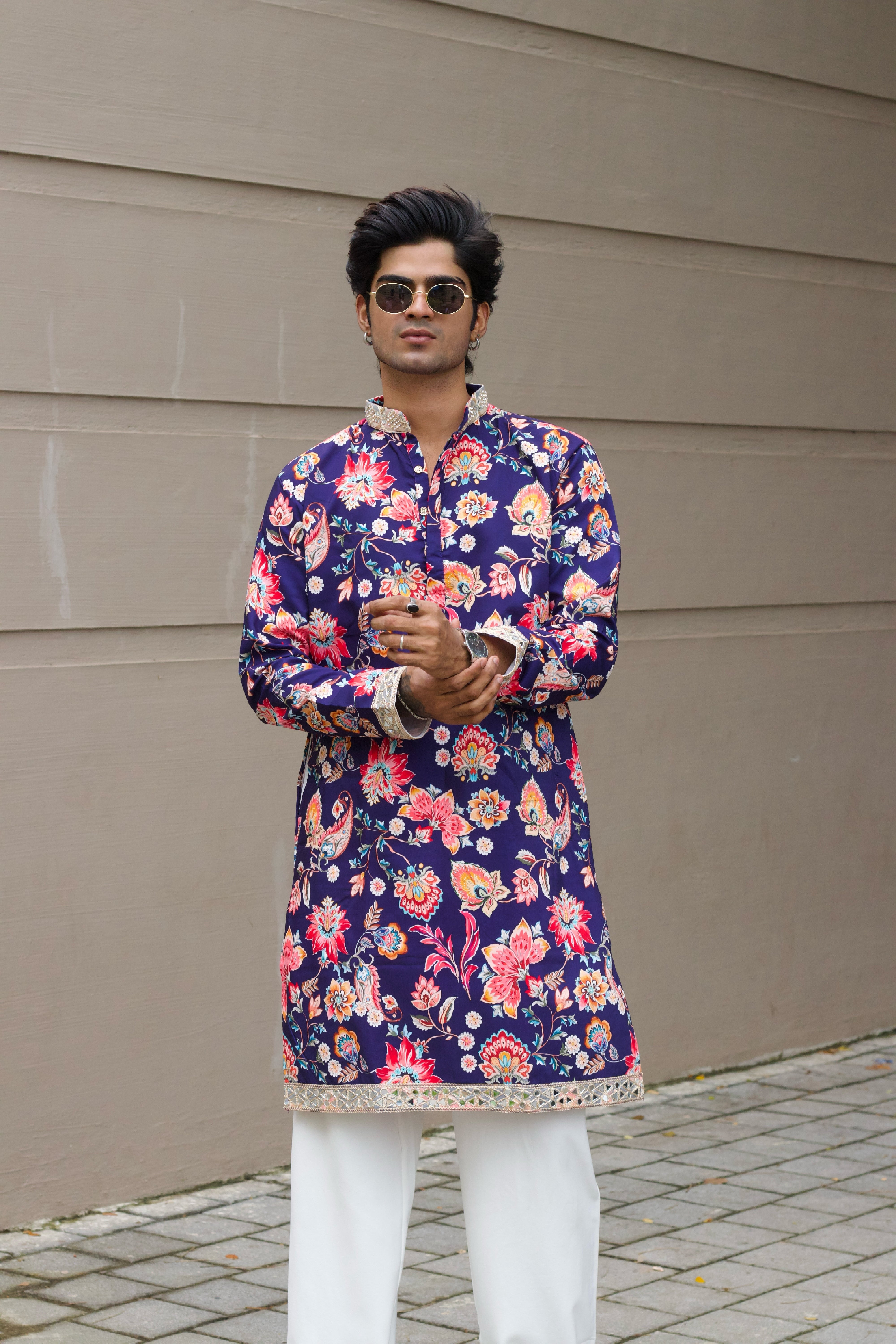 DARK BLUE FLORAL PRINTED KURTA