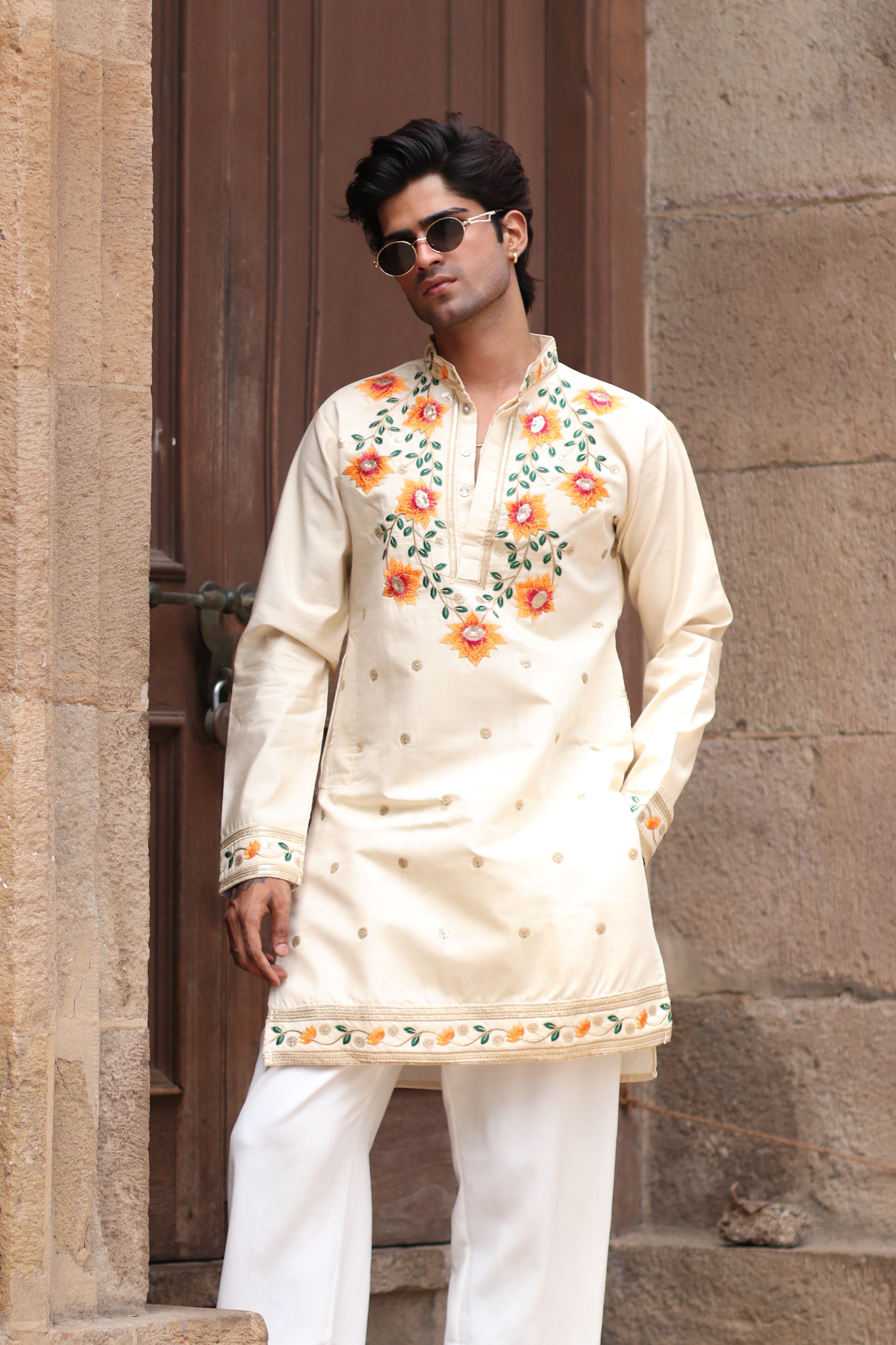 OFF WHITE PADMABAGH LOTUS EMBROIDERED KURTA