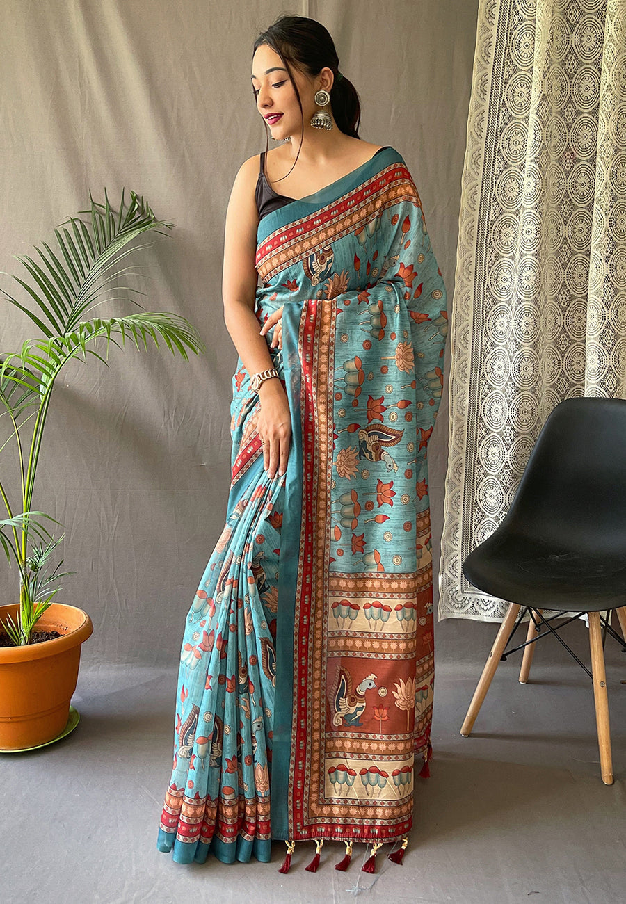Kadambari Cotton Kalamkari Printed Saree Blue