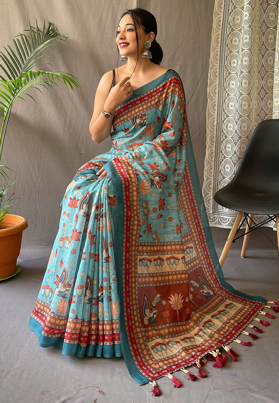 Kadambari Cotton Kalamkari Printed Saree Blue