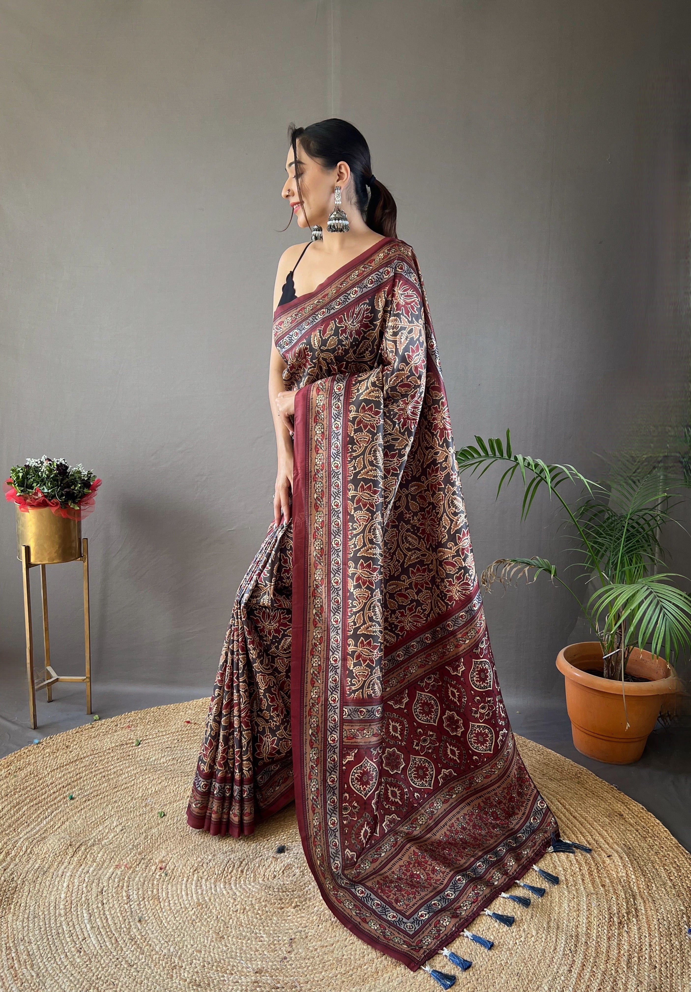Black Krishna Ajrakh printed saree