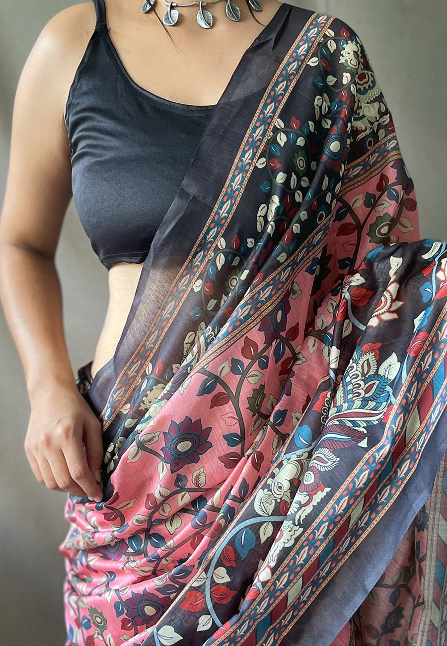 Pure Cotton Kalamkari Printed Saree Dusty Pink