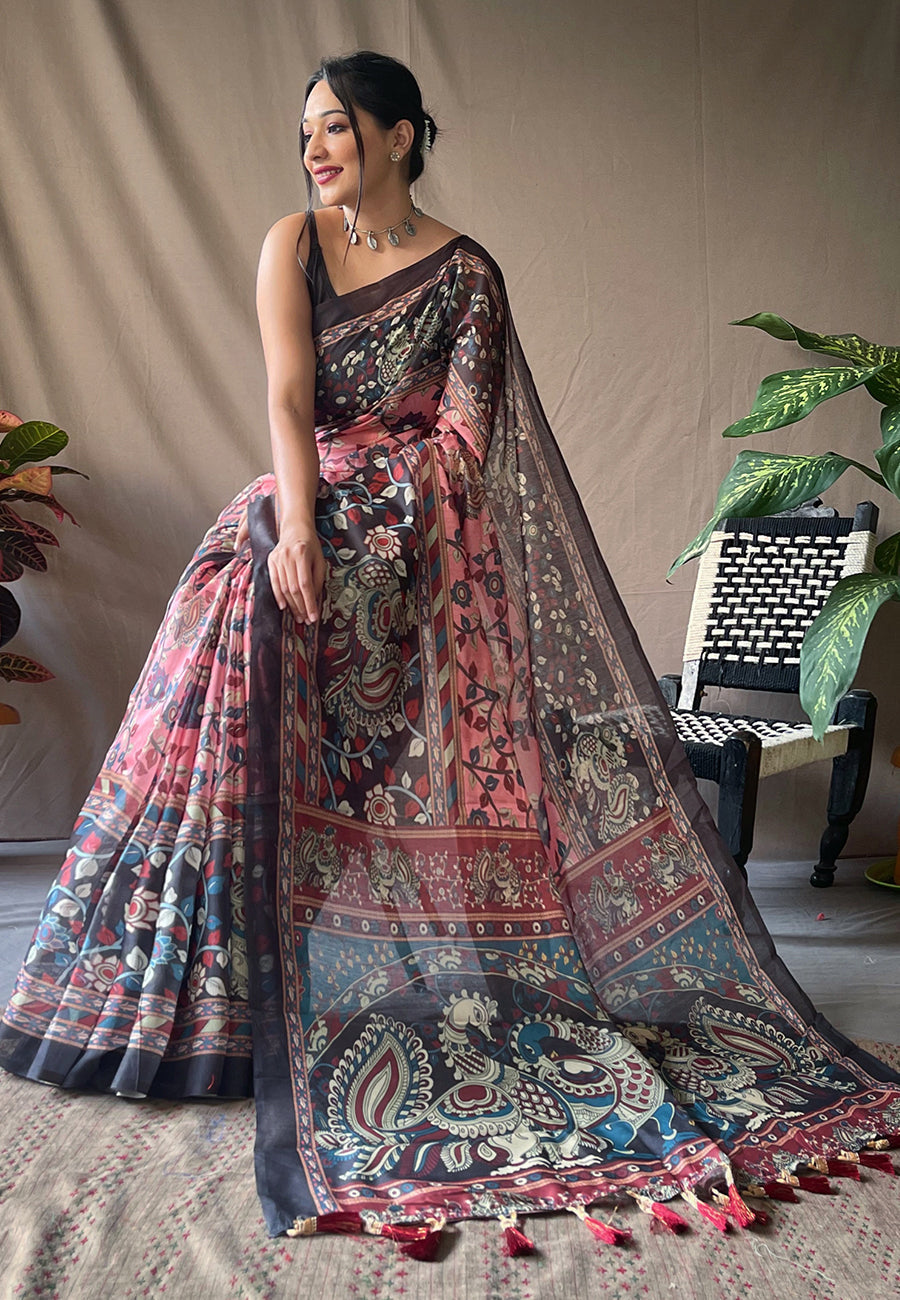 Pure Cotton Kalamkari Printed Saree Dusty Pink