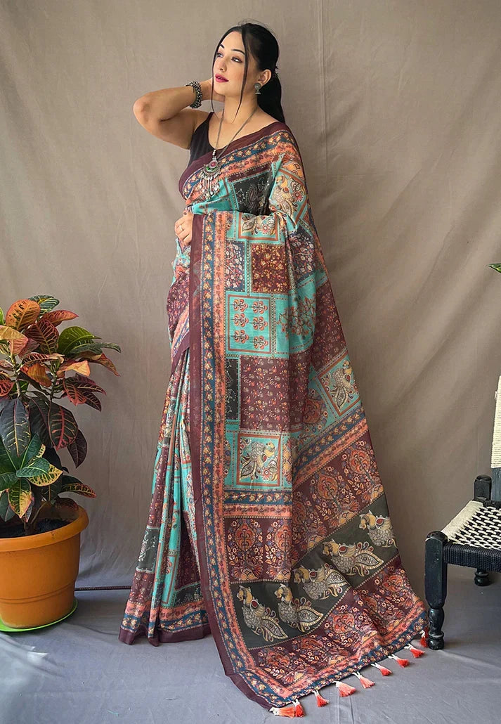 Pure Cotton Kalamkari Printed Saree Deep Sky -Square