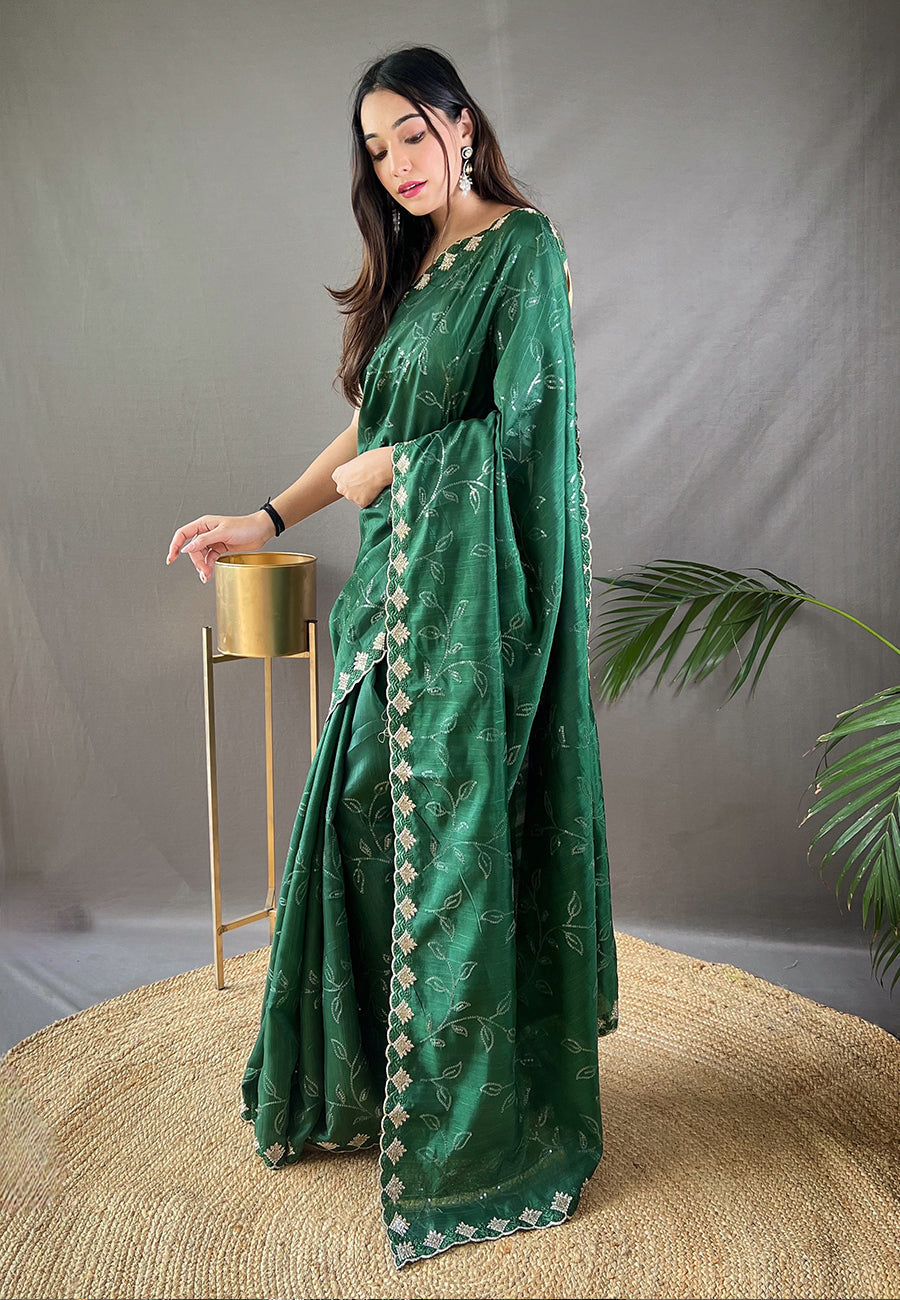Mineral Green Falak Matka Silk Embroidered Sequins Designer Saree- PREMIUM