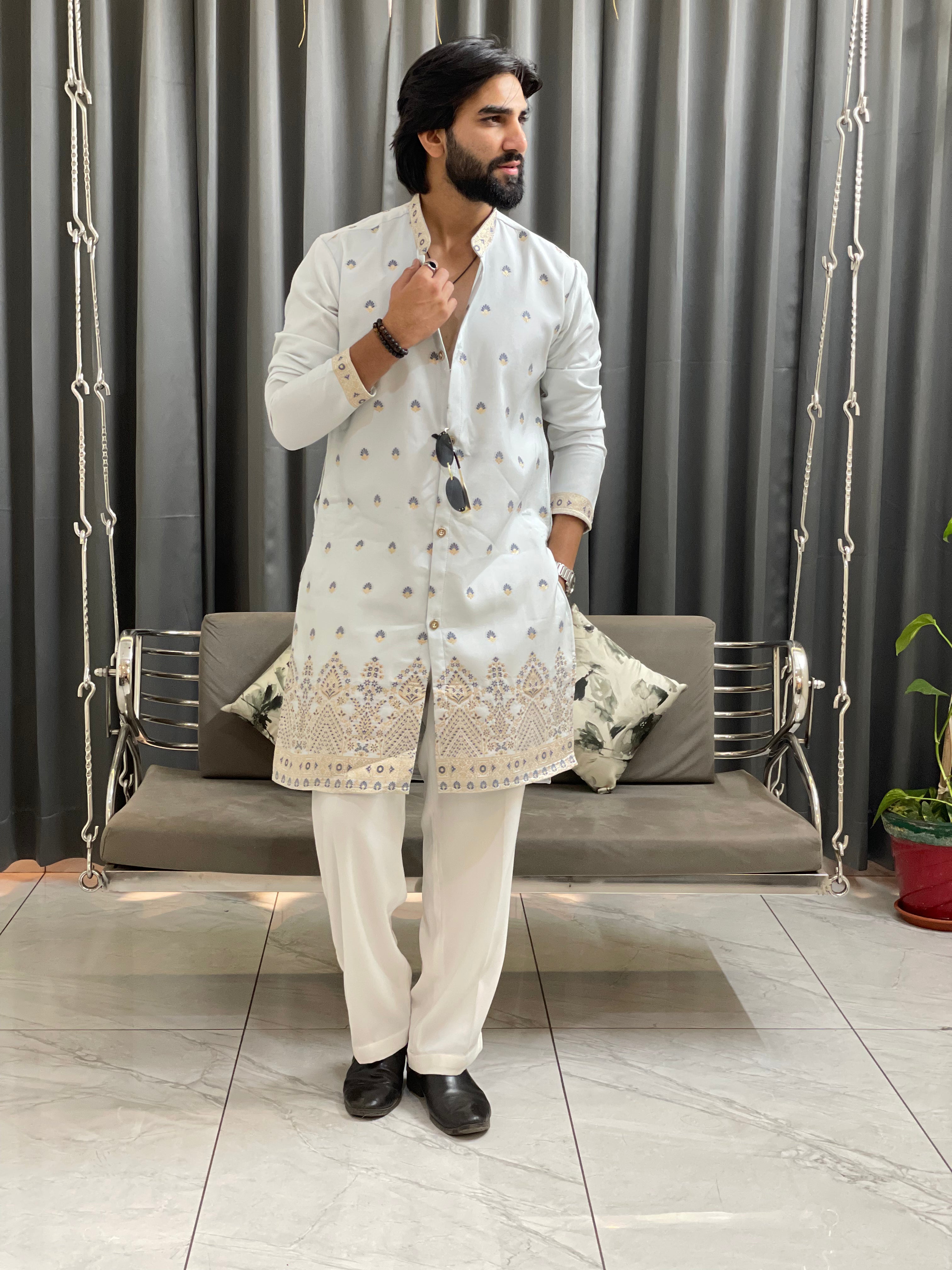 SKY BLUE SHAHI JACQUARD DESIGNER INDO-KURTA