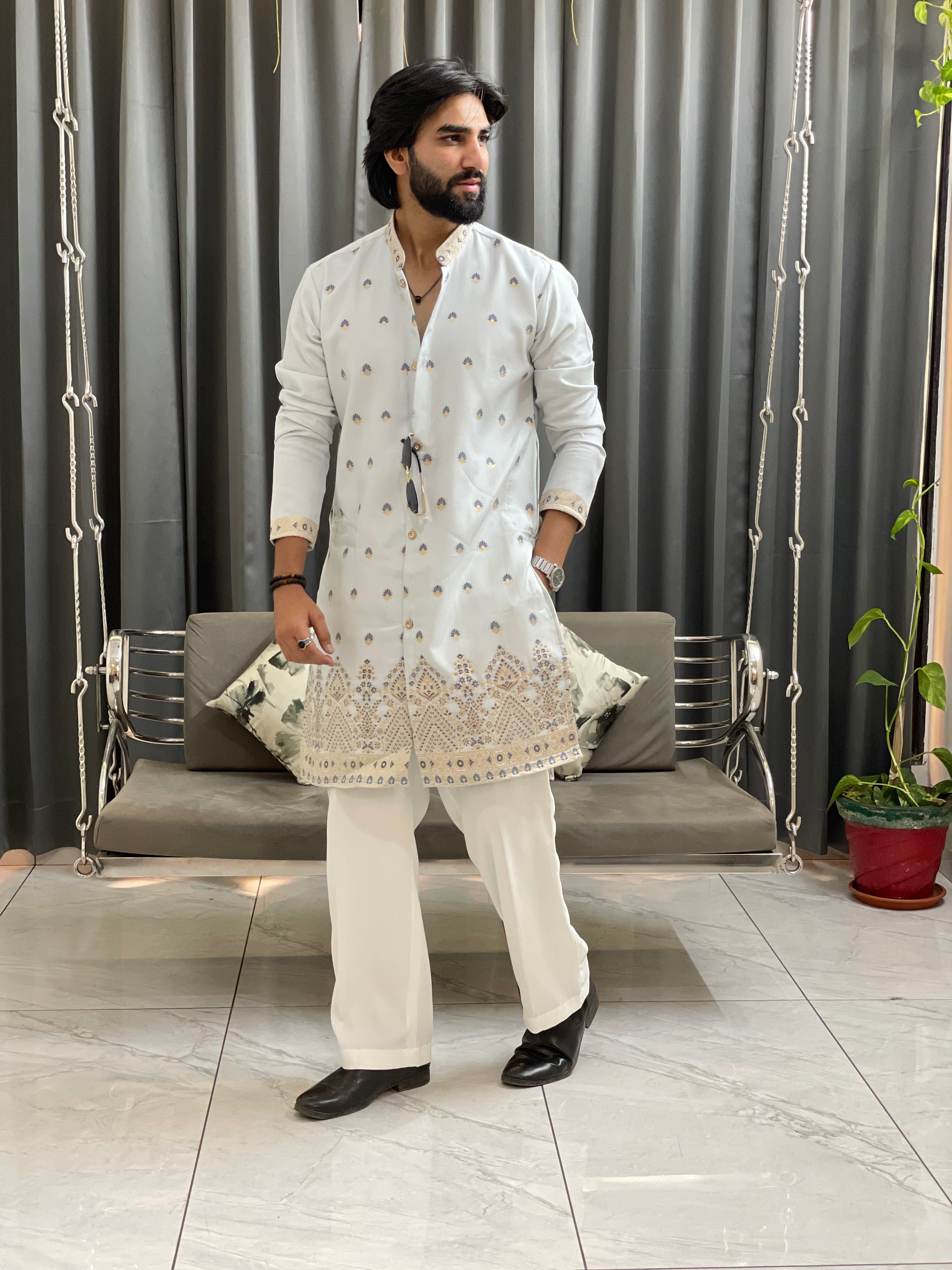 SKY BLUE SHAHI JACQUARD DESIGNER INDO-KURTA
