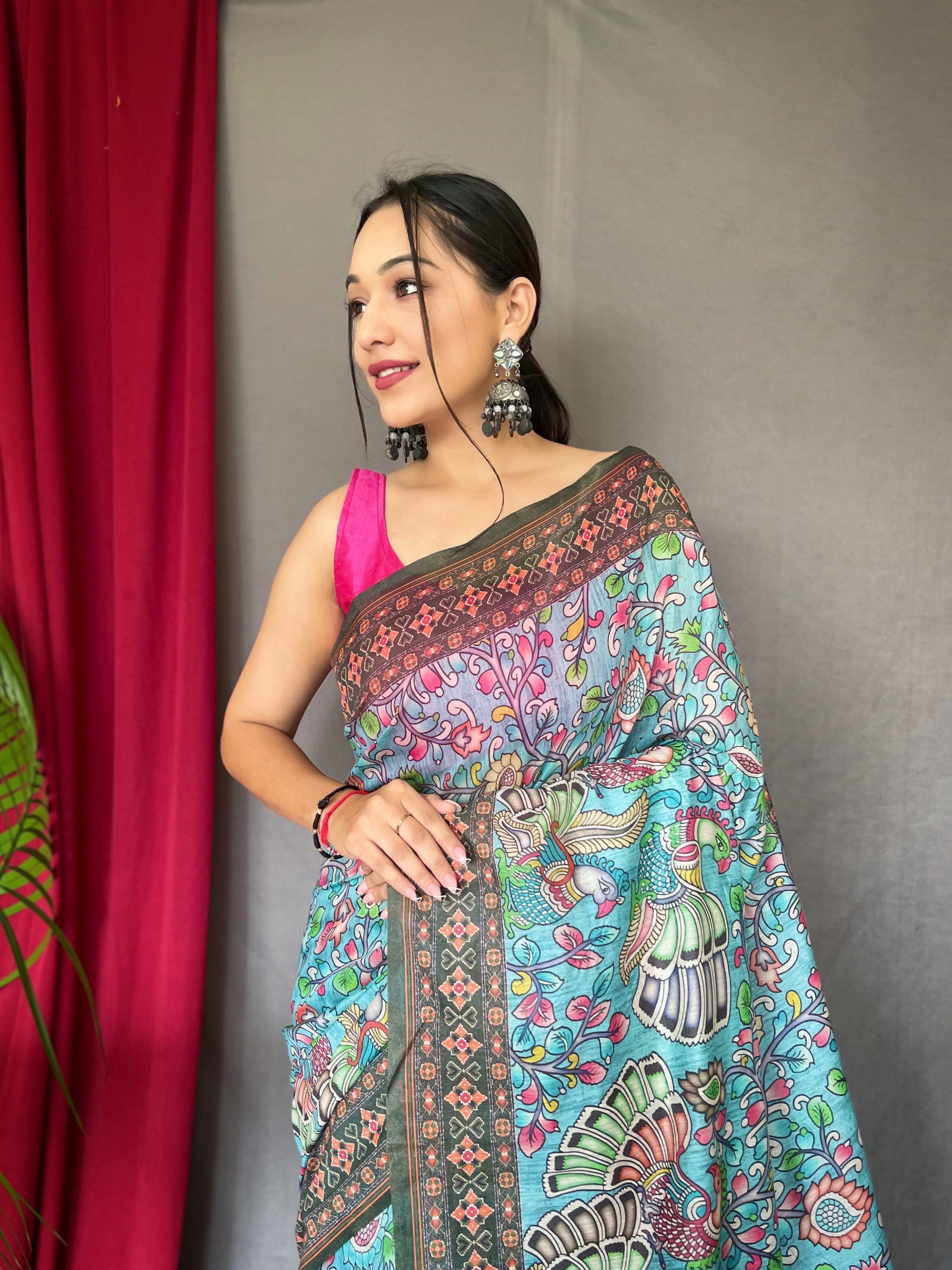 Pure Cotton Bandhani Kalamkari Printed Saree Light Blue