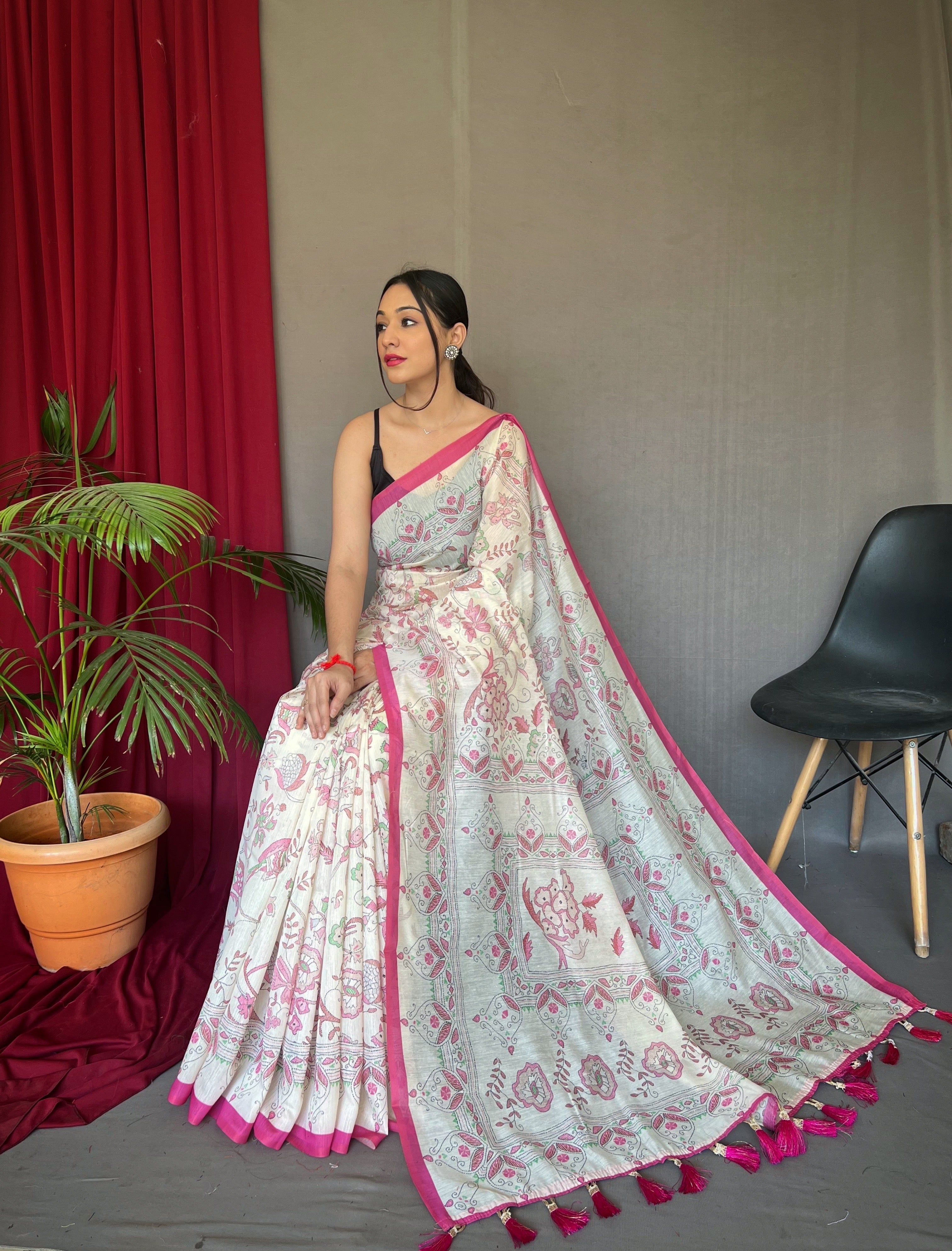 Pink Cotton Katha Printed Saree