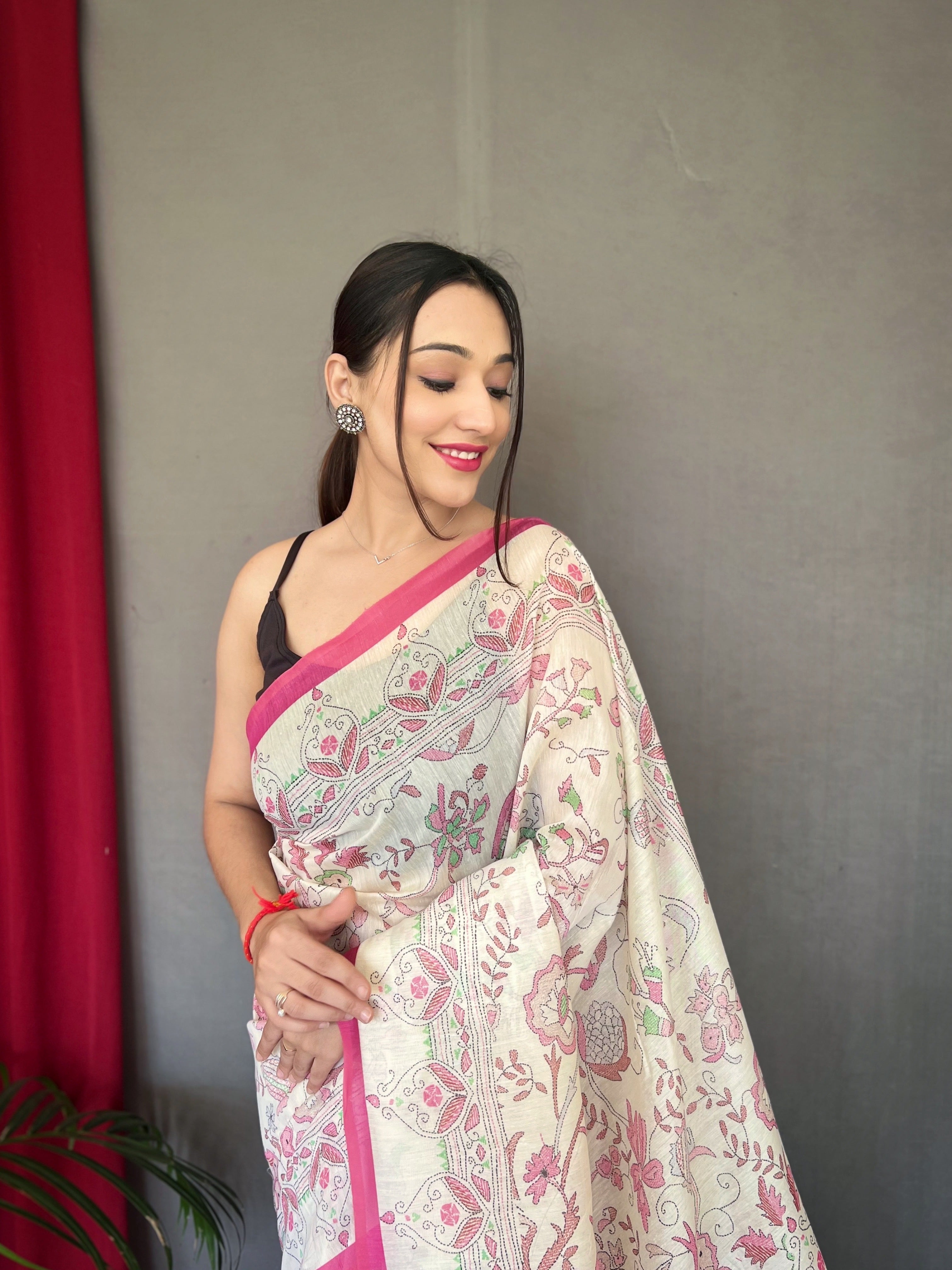 Pink Cotton Katha Printed Saree