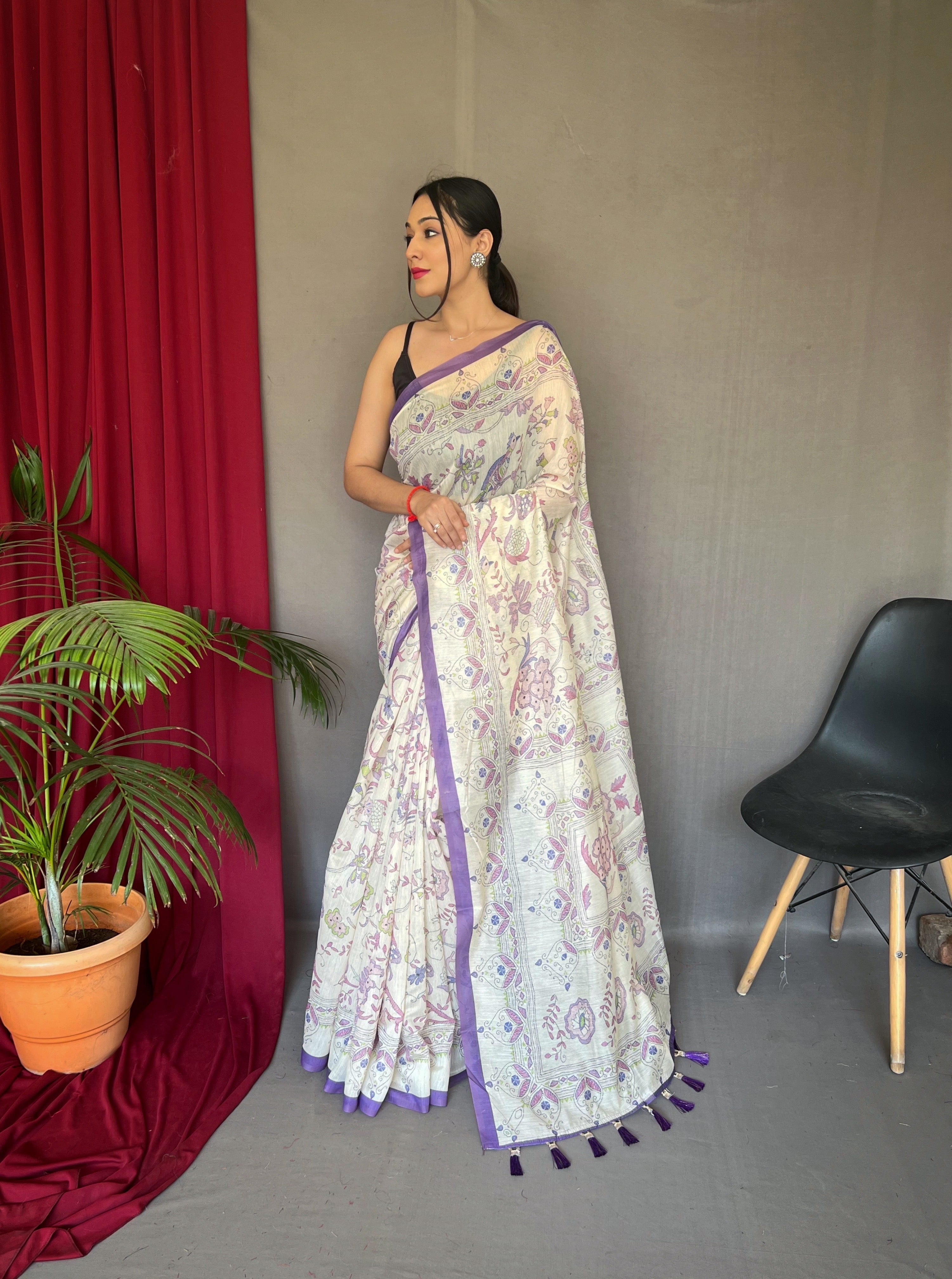 Purple Cotton Katha Printed Saree