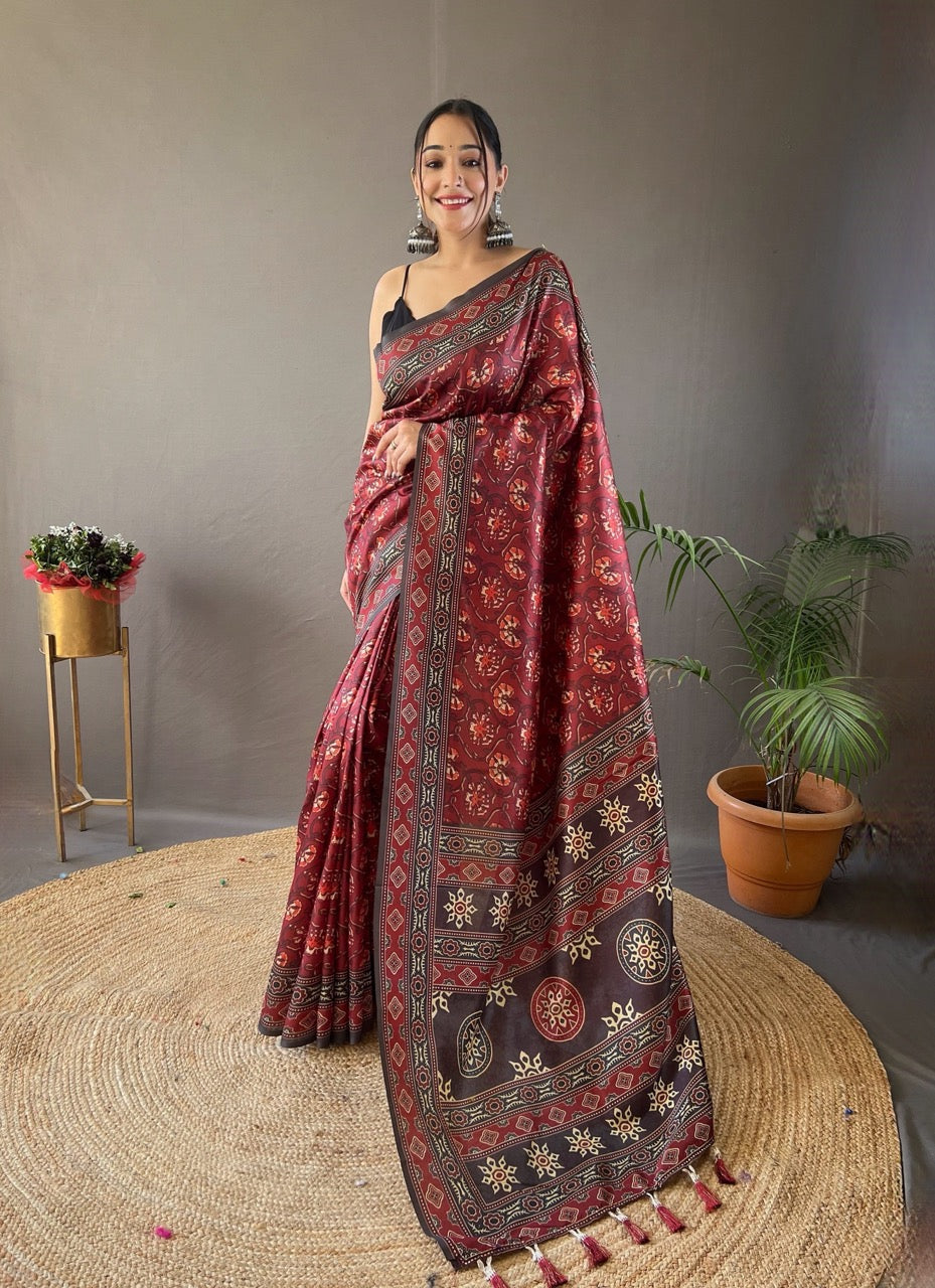Red Krishna Ajrakh printed saree