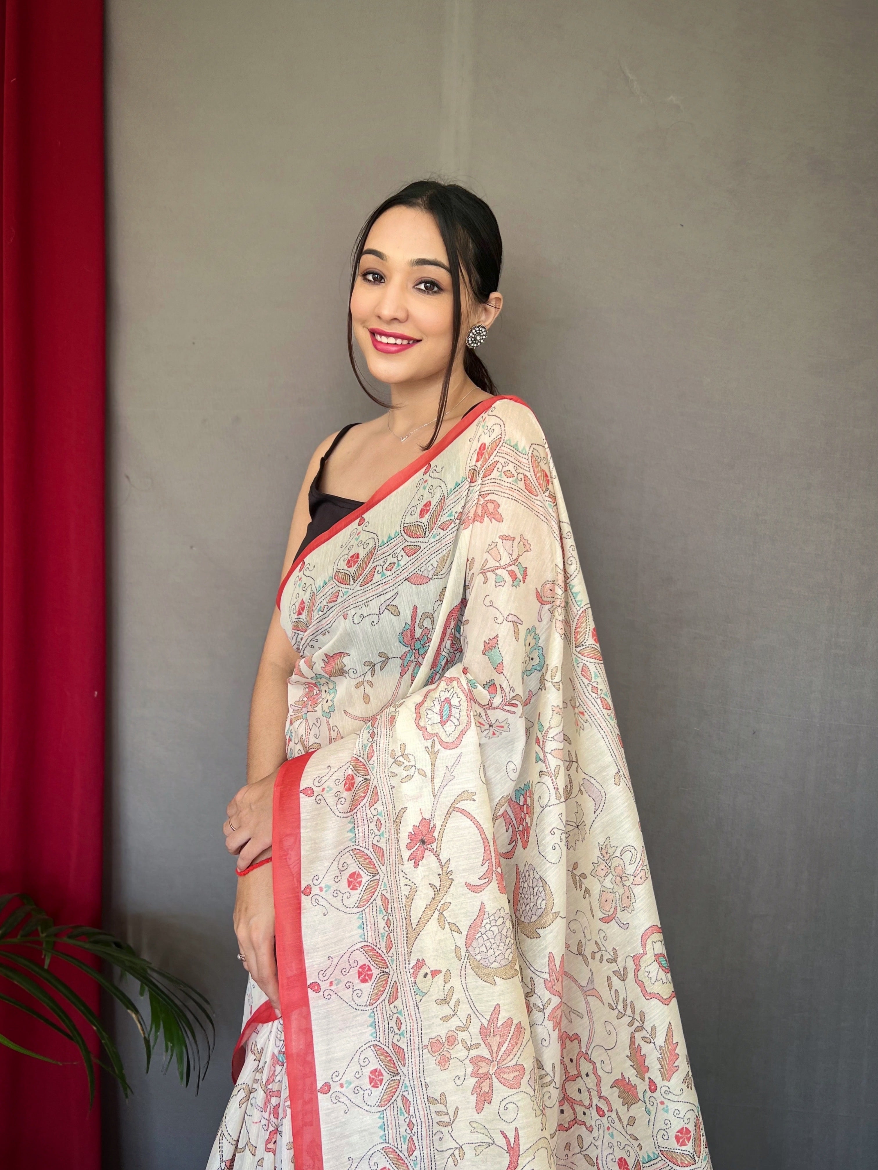 Red Cotton Katha Printed Saree
