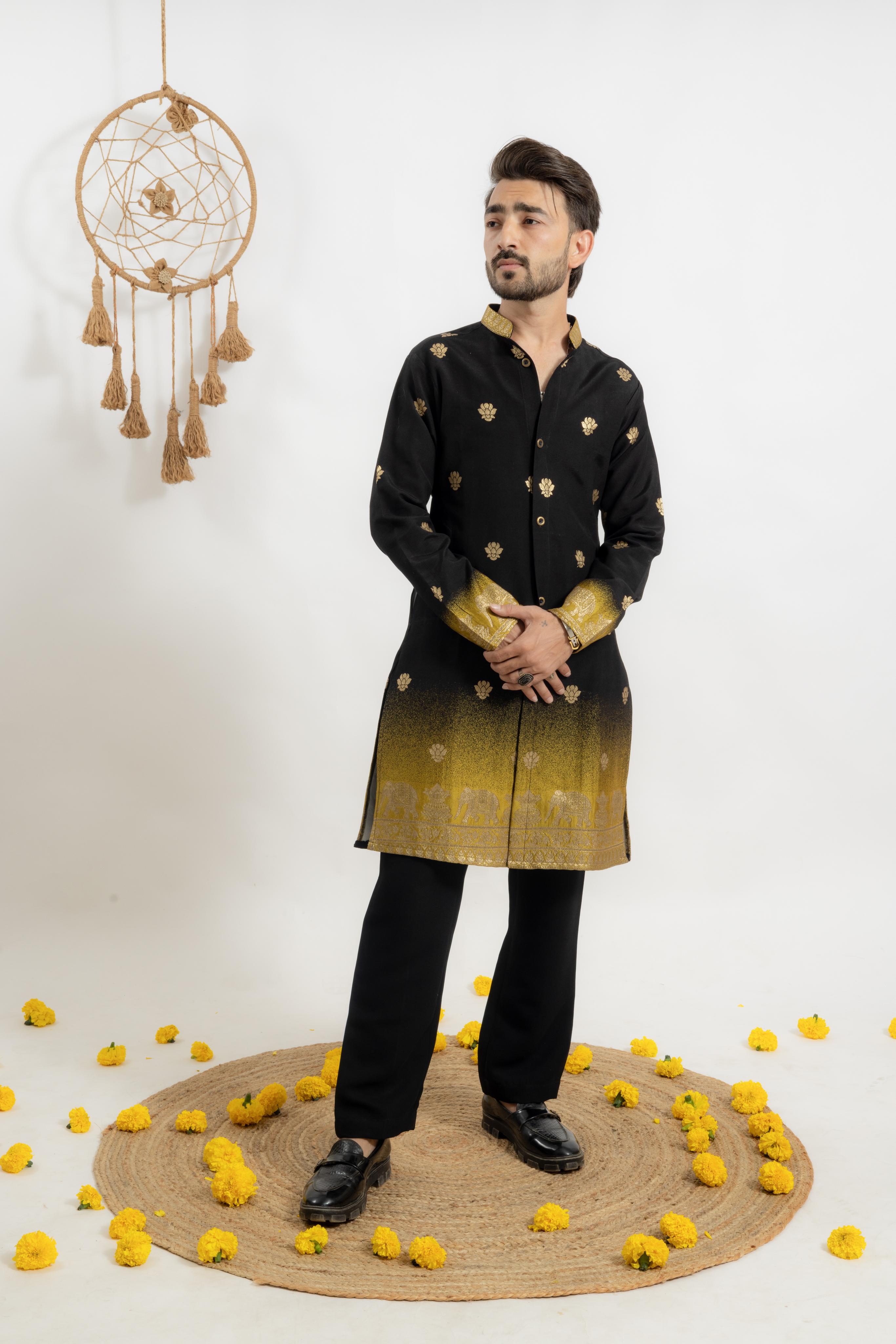 BLACK YELLOW FADE REGAL ELEPHANT WEAVE JACQUARD KURTA