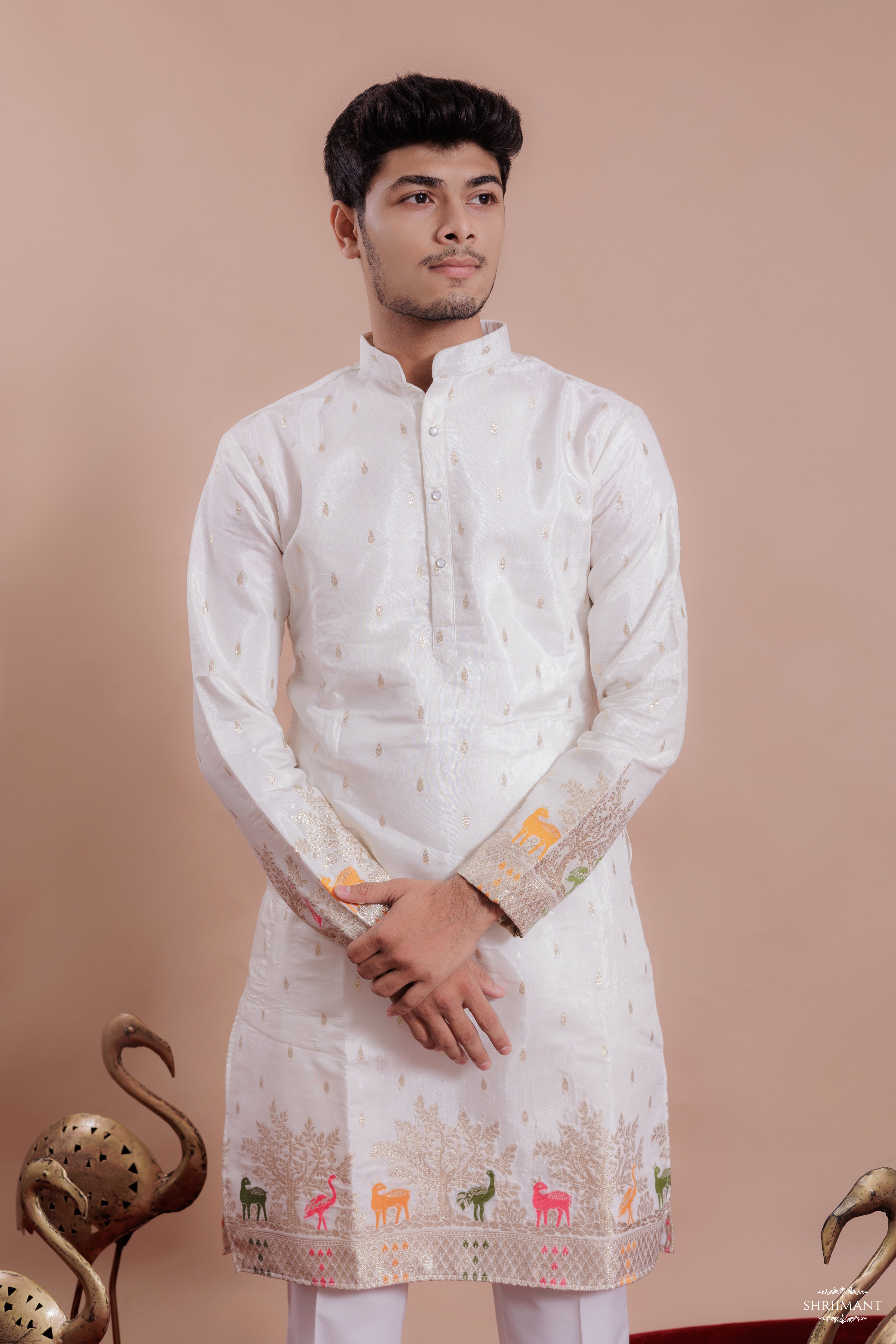 WHITE ANIMAL PATTERN JACQUARD DESIGNER KURTA