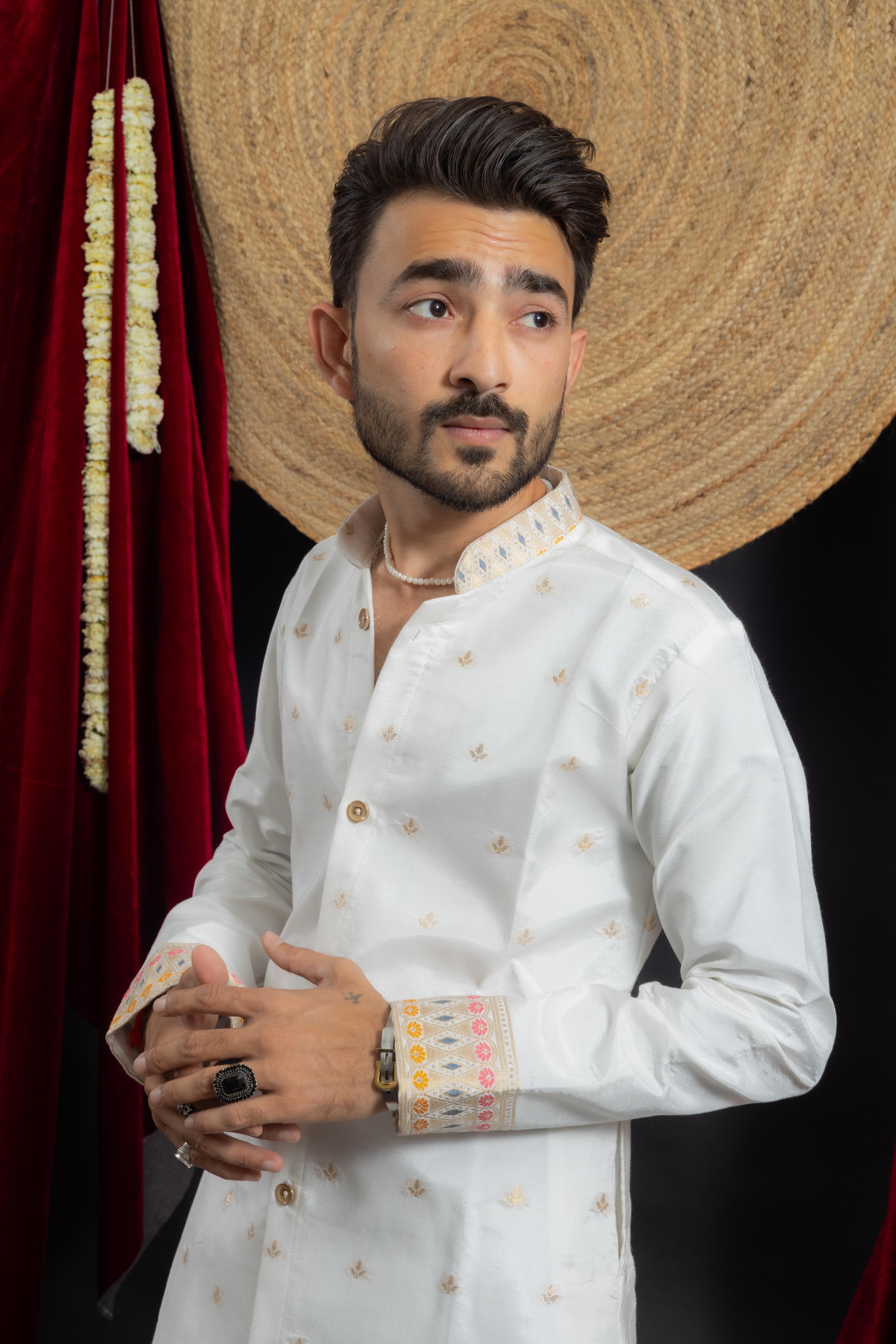 WHITE FLAMINGO FUSION JACQUARD DESIGNER KURTA