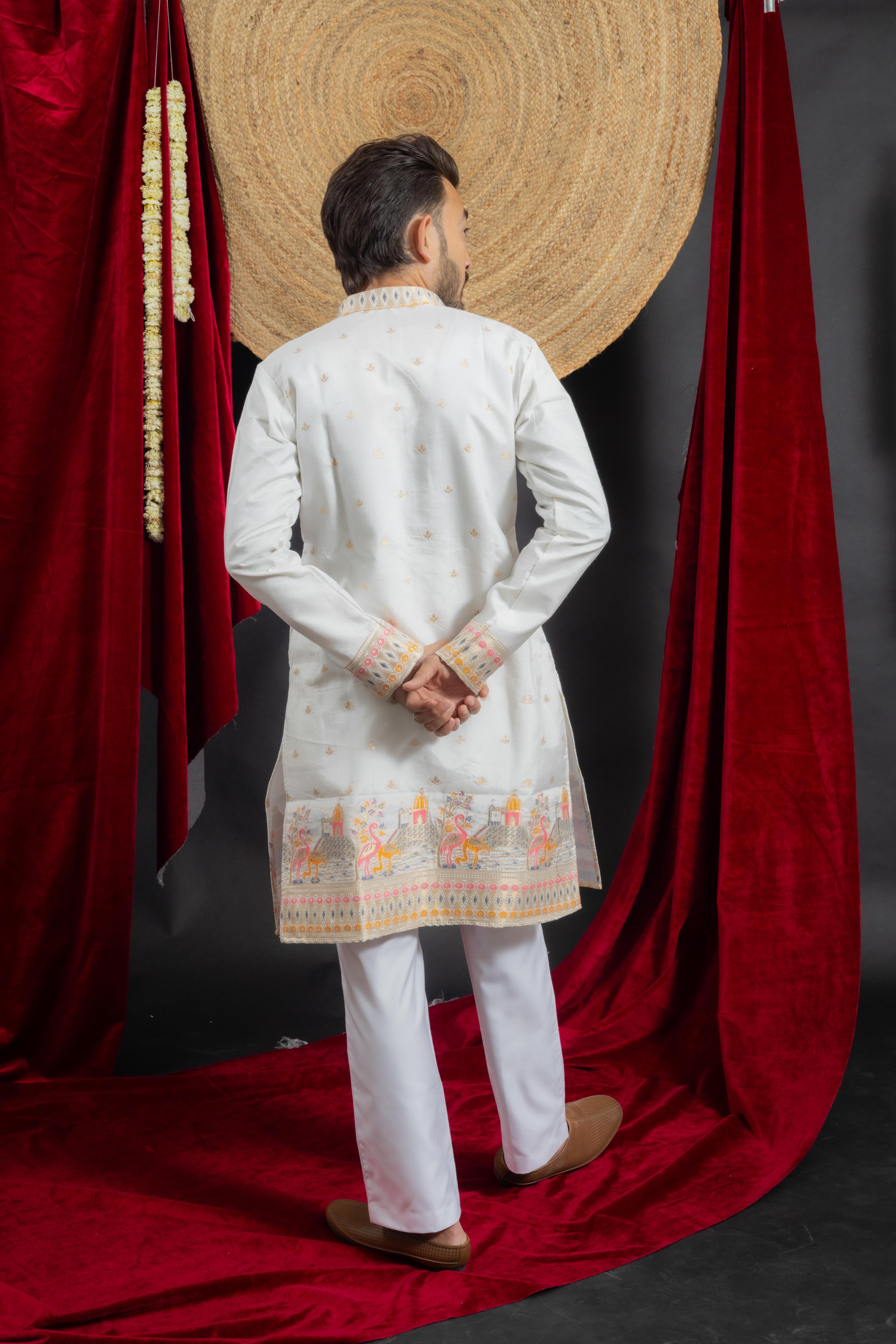 WHITE FLAMINGO FUSION JACQUARD DESIGNER KURTA