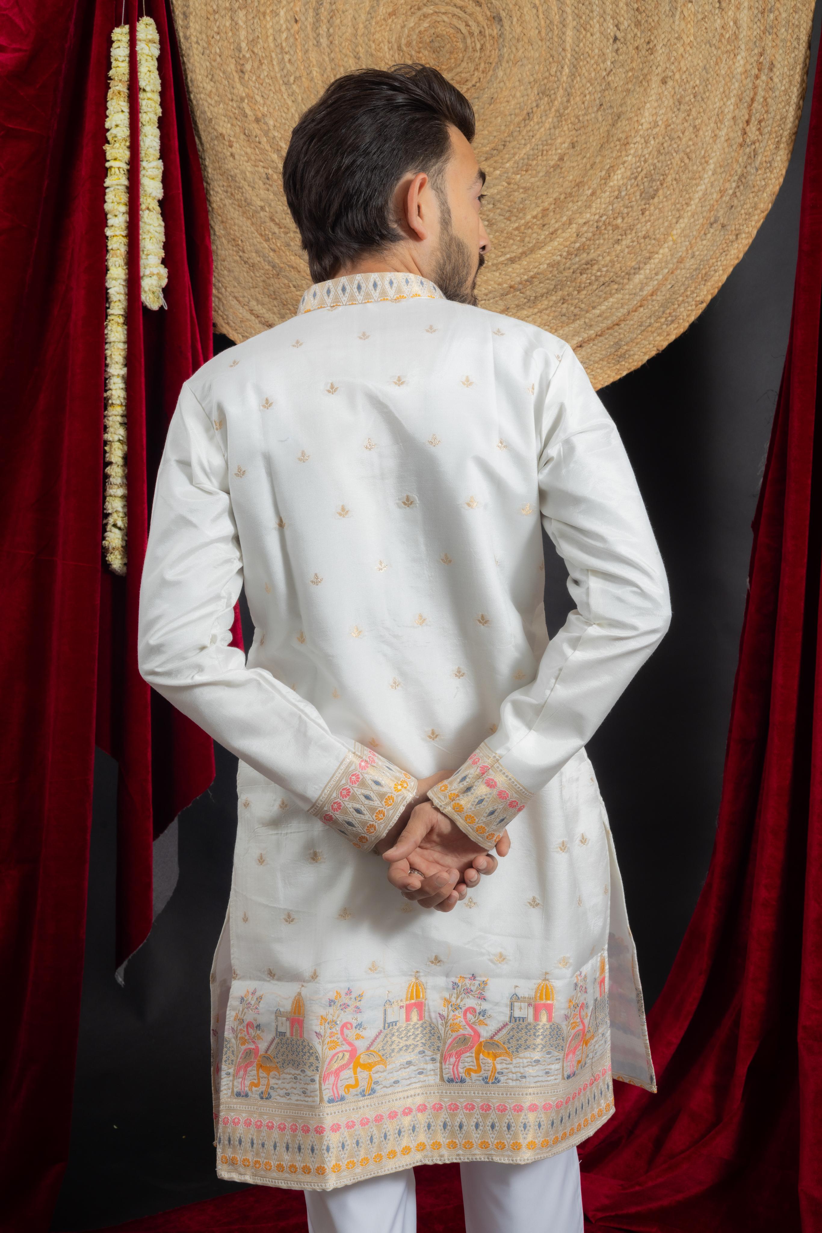 WHITE FLAMINGO FUSION JACQUARD DESIGNER KURTA
