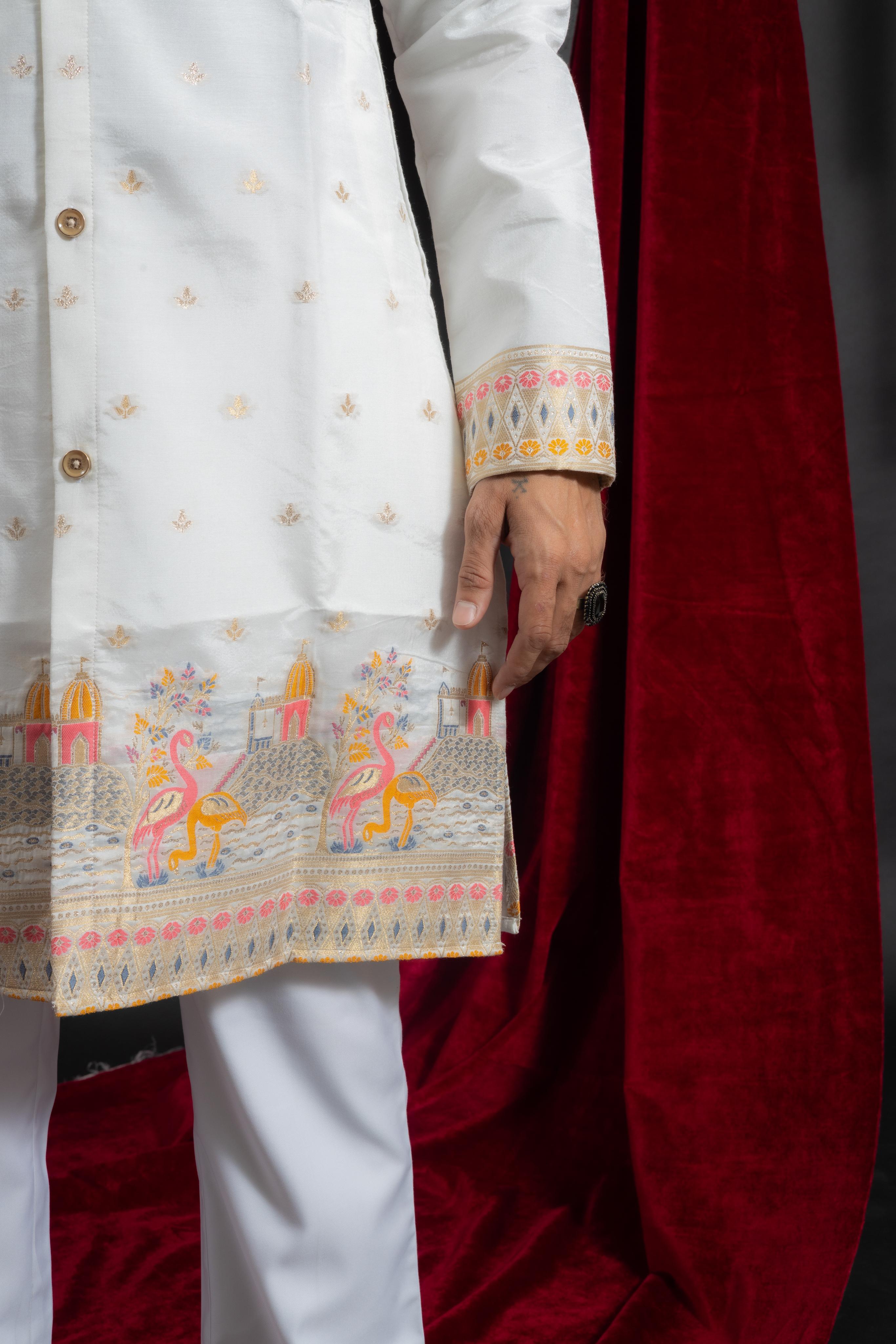 WHITE FLAMINGO FUSION JACQUARD DESIGNER KURTA