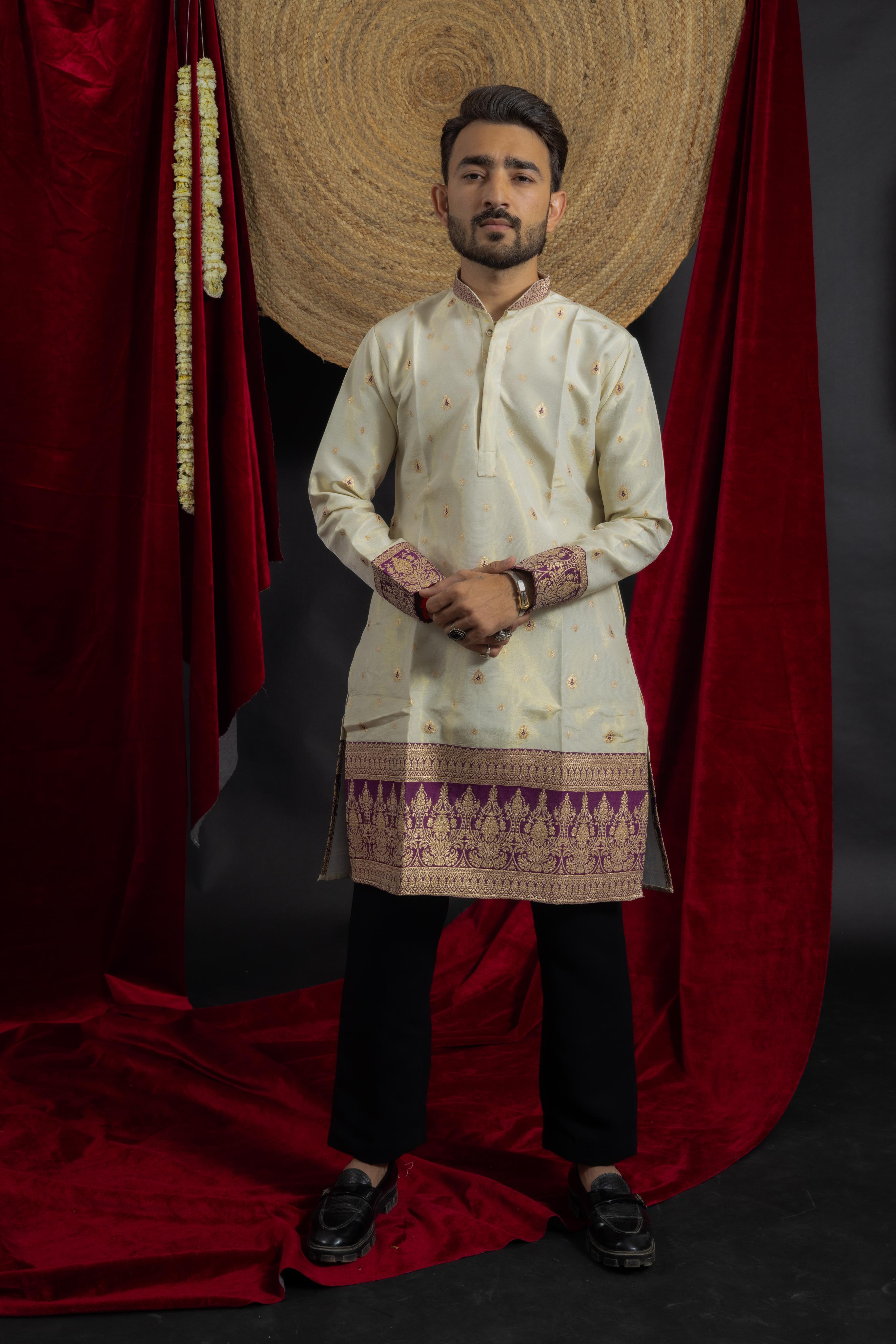 PURPLE KANJIVARAM BORDER IVORY JACQUARD DESIGNER KURTA